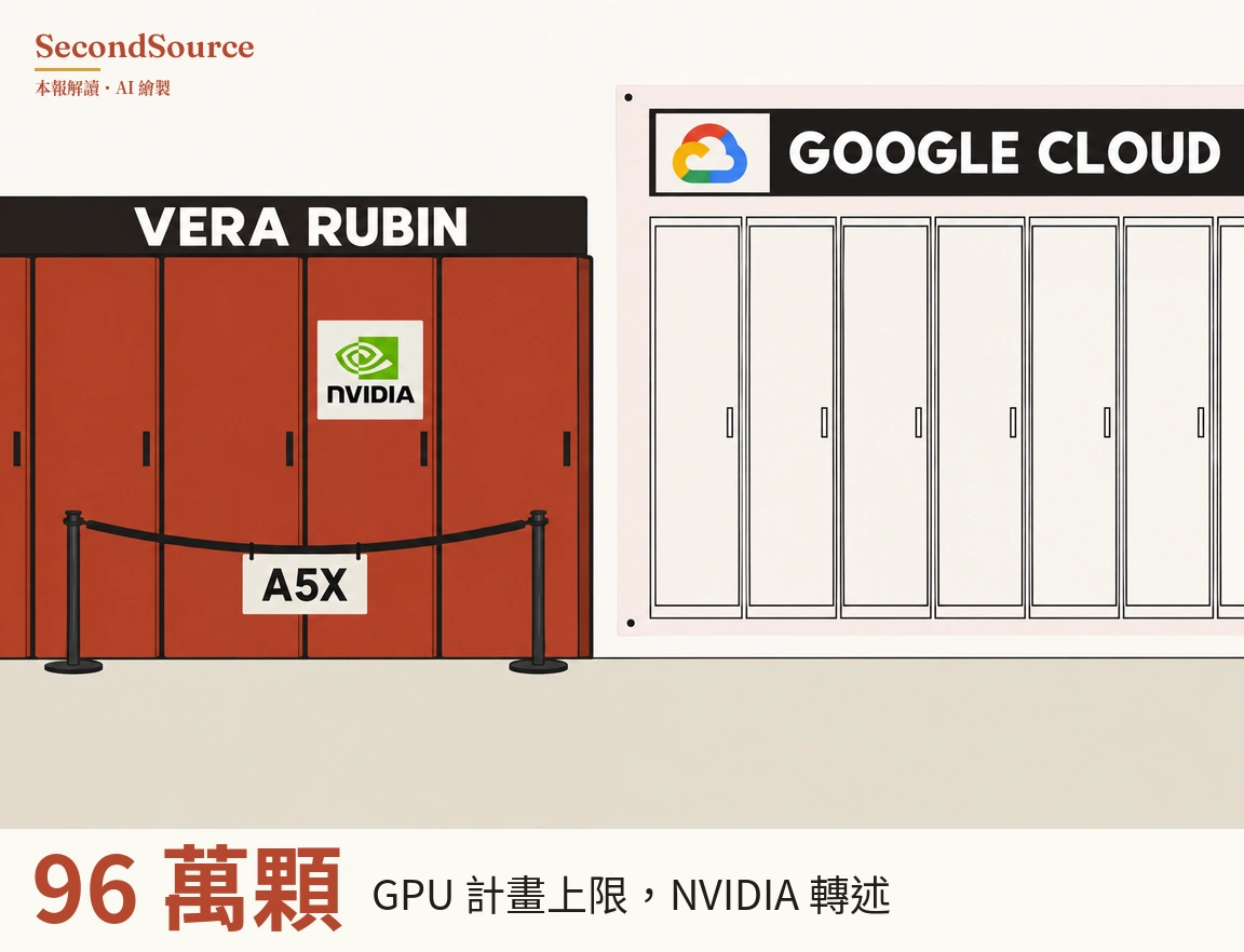 概念插圖：左側是一排磚紅色機櫃，上方黑色橫條寫著 VERA RUBIN，其中一扇櫃門上有一塊白色牌子，印著綠色圖案和 NVIDIA 字樣；機櫃前方兩根黑色立柱之間垂著一條繩子，繩上掛著寫有 A5X 的牌子。右側是一塊四角有釘點的淺色大板，頂部黑色橫條寫著 GOOGLE CLOUD，旁邊有多色雲朵圖案，下方是一排以線條畫成、附小把手的白色櫃門，一直延伸到畫面右緣之外。