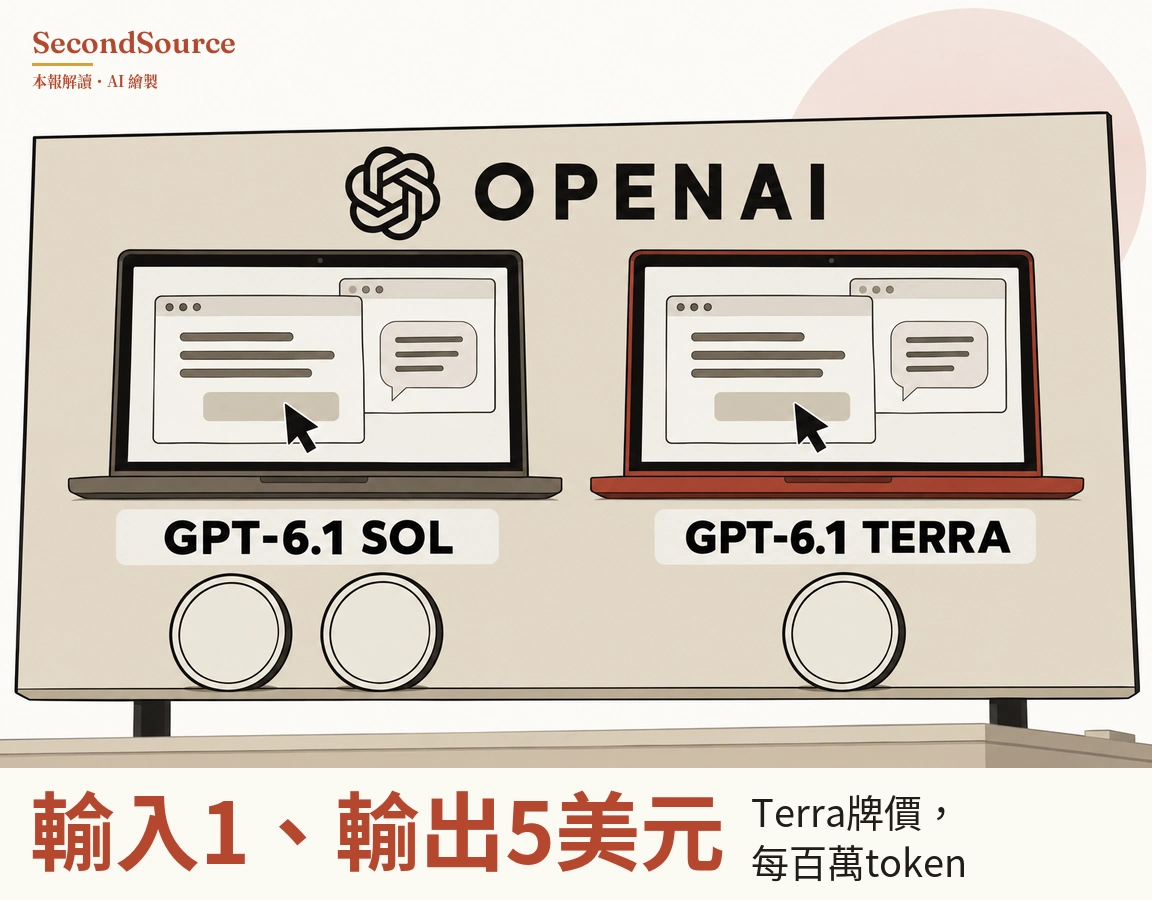 概念插圖:屋頂上方以支柱架起一塊大型看板,上面有黑色「OPENAI」字樣,旁邊是一個交織成結狀的符號,看板右上角後方有一個淡粉紅色圓形。看板上並排兩台打開的筆電,左邊深灰色,下方標示「GPT-6.1 SOL」;右邊紅色,下方標示「GPT-6.1 TERRA」。兩台螢幕都顯示兩個重疊的視窗,一個有灰色文字線條和一個按鈕,滑鼠游標指在按鈕上,另一個有對話氣泡;左側標籤下方有兩個空白圓盤,右側標籤下方有一個。