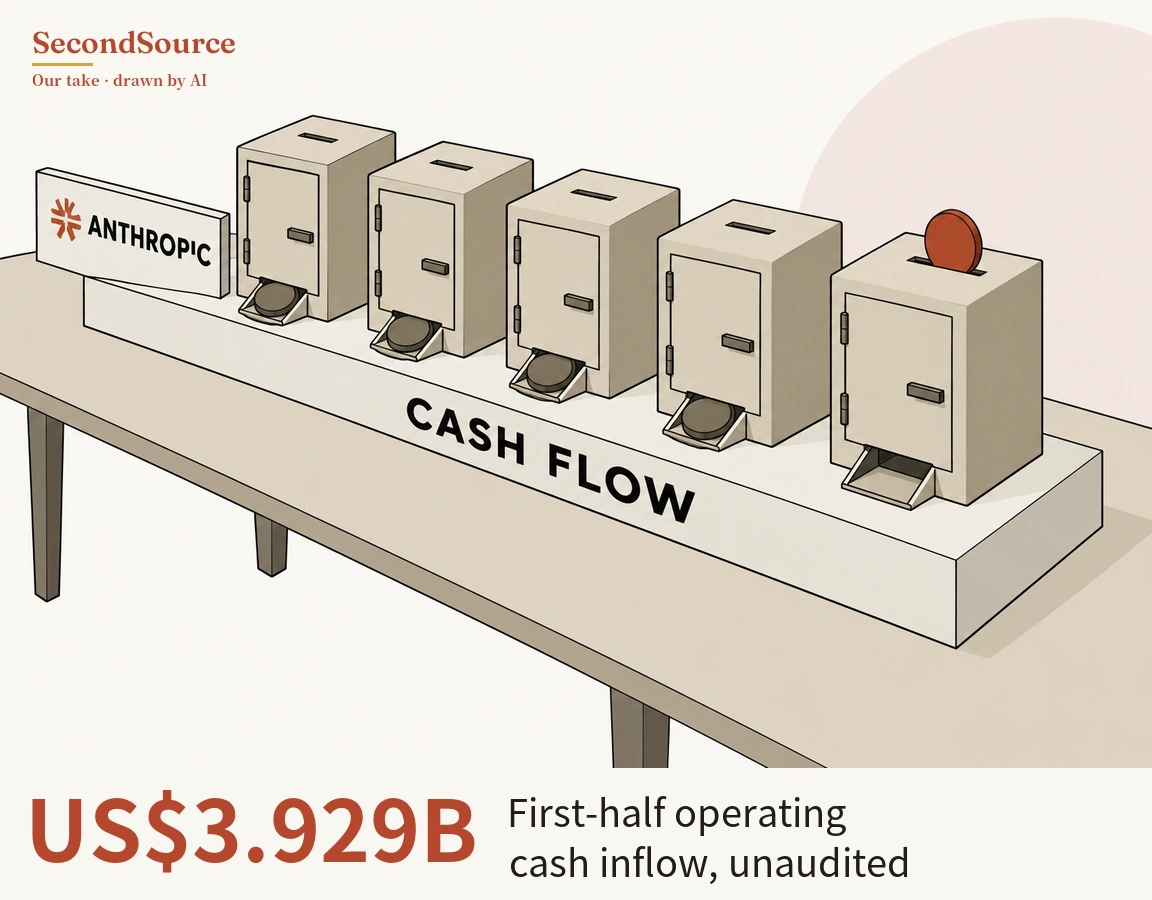 Concept illustration: on a long white base resting on a table, lettered CASH FLOW on its front, five beige safe-like boxes stand in a row, each with a slot on top, a hinged door with a handle and a tray at the bottom; the trays of the first four each hold a dark grey disc, while a red disc sits in the top slot of the fifth box, whose tray is empty. At the left end of the base stands a white sign lettered ANTHROPIC next to an orange-red starburst-shaped mark, and a pale pink circle sits in the background at upper right.