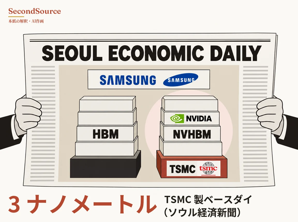 コンセプトイラスト：暗い色の袖から出た淡い色の両手が SEOUL ECONOMIC DAILY という題字の新聞を広げ、紙面の左右には灰色の文字線が並び、中央のベージュの面の上部には SAMSUNG と2回書かれた白い帯がある（1つは青い文字、もう1つは青い楕円の中の白い文字）。その下には白いブロックを4段積んだ山が2つ並び、左の山は HBM と書かれたブロックを含んで黒い台に載り、右の山は淡いピンクの円を背に NVIDIA（横に緑の図柄）と NVHBM と書かれたブロックを含み、TSMC と tsmc と書かれた白いラベル付きのれんが色の台に載っている。