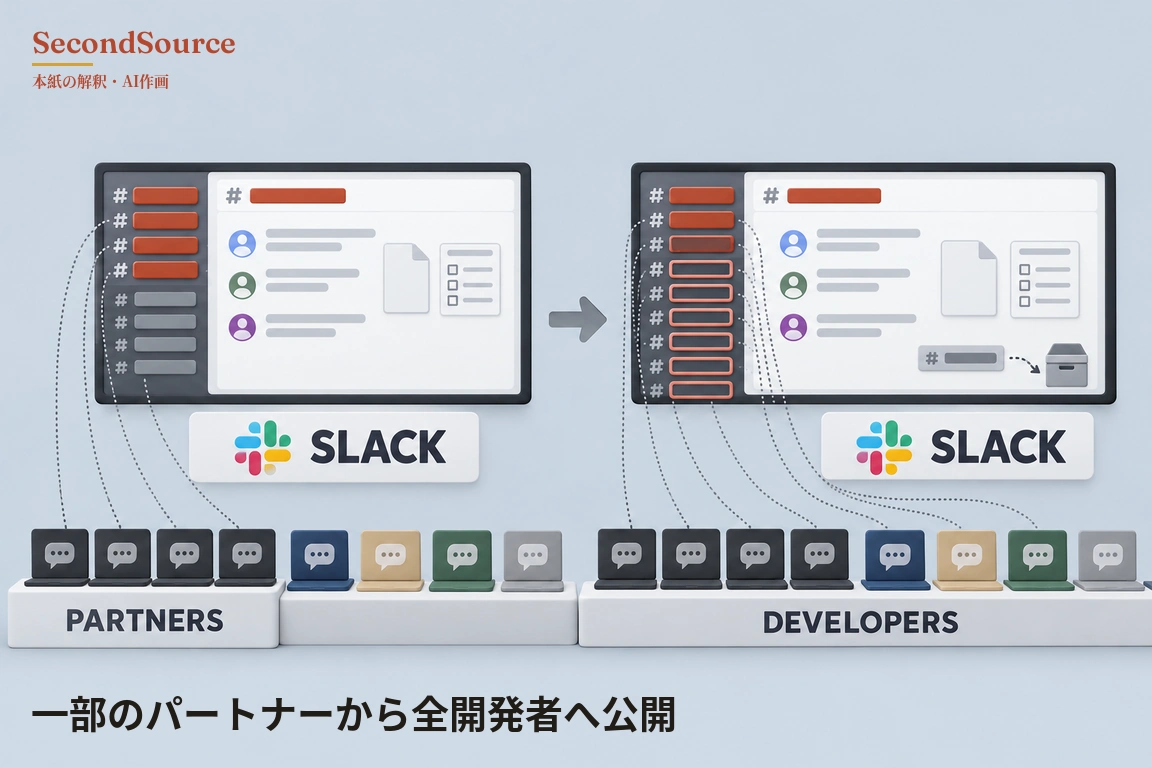コンセプトイラストで、横に並んだ二つのアプリ画面の下にはそれぞれ多色のアイコンと「SLACK」の文字が入った白いプレートがあり、灰色の矢印が左の画面から右の画面を指し、各画面には「#」の行が並ぶサイドバー、三つのアバター行、文書アイコン、チェックリストがある。左の画面では八行のうち四行が赤く、そこから点線が「PARTNERS」と書かれた台の上の、吹き出しアイコンを表示した濃い色のノートパソコン風の端末四台へ延び、その隣の文字のない台には色付きの端末が四台並び、右の画面では十行が赤く(三行は塗りつぶし、七行は赤枠のみ)、「#」のタグから破線の矢印が灰色の箱へ向かい、点線が各行から「DEVELOPERS」と書かれた台の上の端末八台へ延びている。