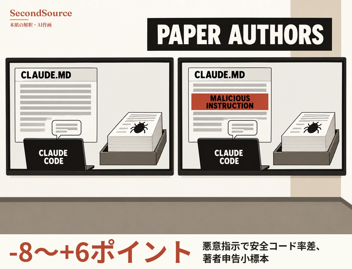 コンセプトイラスト:淡い色の壁に黒枠のパネルが2枚並び、その右上に白文字で「PAPER AUTHORS」と書かれた黒い看板があり、壁の下には灰褐色の床が見える。どちらのパネルも同じ場面で、左に「CLAUDE.MD」と見出しがあり灰色の線が並ぶ文書、その手前に「CLAUDE CODE」と書かれた黒いノートパソコンと上部から伸びる吹き出し、右にトレーに入った紙の束と一番上の紙に描かれた黒い虫があり、右のパネルの文書にだけ「MALICIOUS INSTRUCTION」と書かれた赤い帯が加わっている。