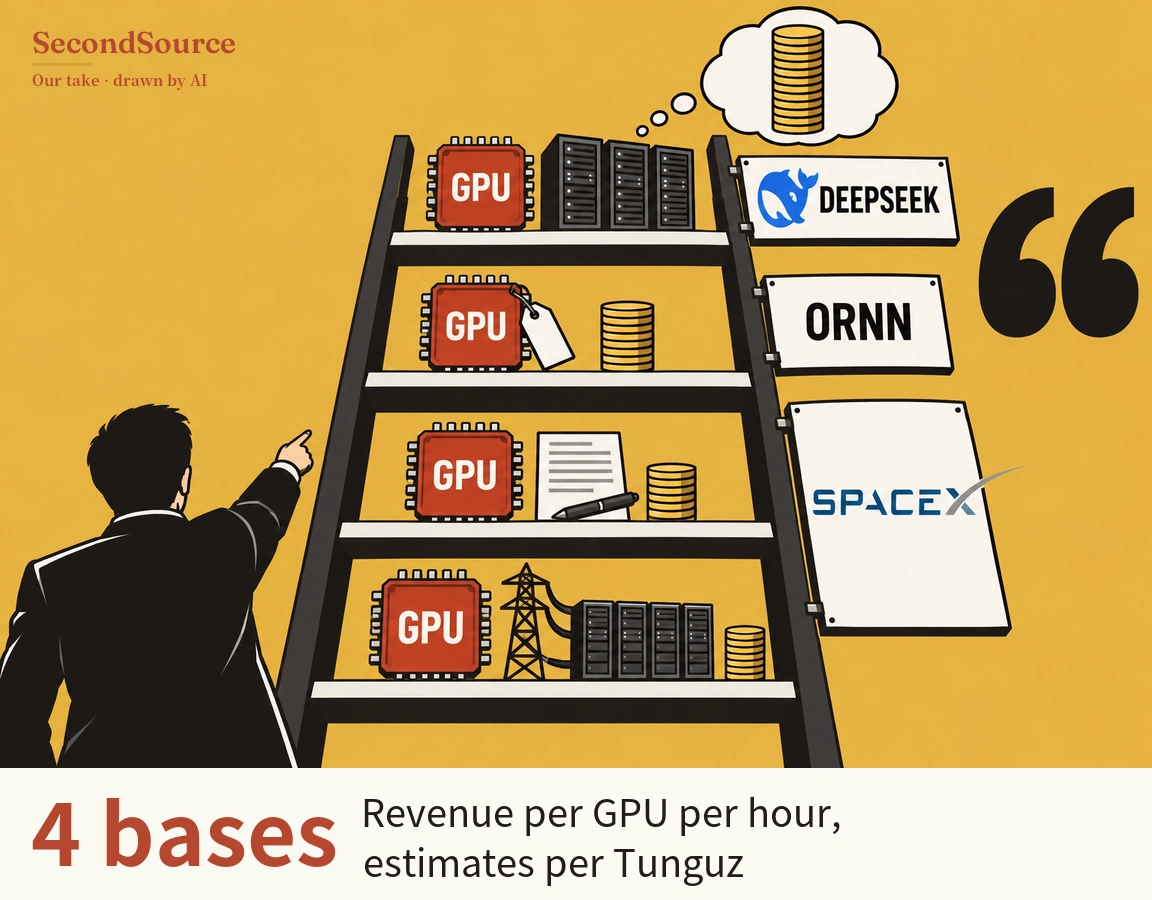 Concept illustration on a mustard-yellow background: a tall black ladder has four white shelves, each holding a red chip lettered GPU, with three dark server racks on the top shelf, a white tag hanging from the chip and a stack of gold coins on the second, a sheet of paper with grey lines, a pen and a coin stack on the third, and an electricity pylon wired to four server racks plus a small coin stack on the bottom, while a cloud-shaped thought bubble holding a tall coin stack floats above the top shelf. Signs fixed to the ladder's right rail read, from top to bottom, DEEPSEEK (beside a blue whale icon), ORNN and SPACEX; a large black quotation mark sits at the right edge, and at lower left a person in a dark suit, seen from behind, points toward the ladder.