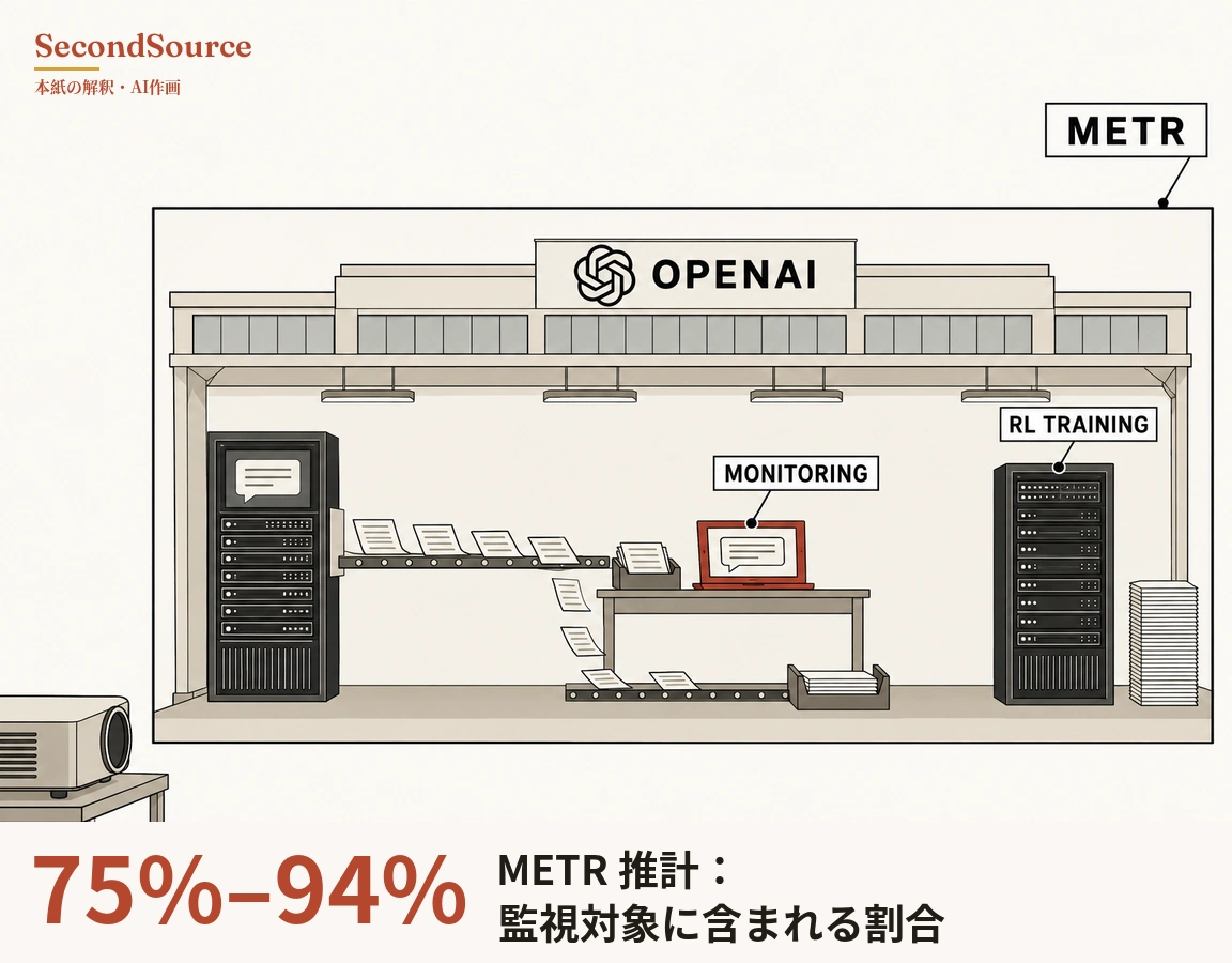 コンセプトイラスト:右上の角に線で「METR」と書かれた札がつながった大きな長方形の枠の中に、結び目のような模様と「OPENAI」の文字の看板を掲げた建屋があり、左側の画面に吹き出しが映る黒いサーバーラックの横から紙がコンベヤーでテーブル上のトレーへ運ばれ、その隣には吹き出しを表示し「MONITORING」の札が付いた赤いノートパソコンがあり、一部の紙はコンベヤーから落ちて床のトレーへ続く下のコンベヤーに載っている。右側には「RL TRAINING」の札が付いた2台目の黒いラックと高く積まれた紙の束があり、枠の外の左下には小さな台に載ったプロジェクターがある。