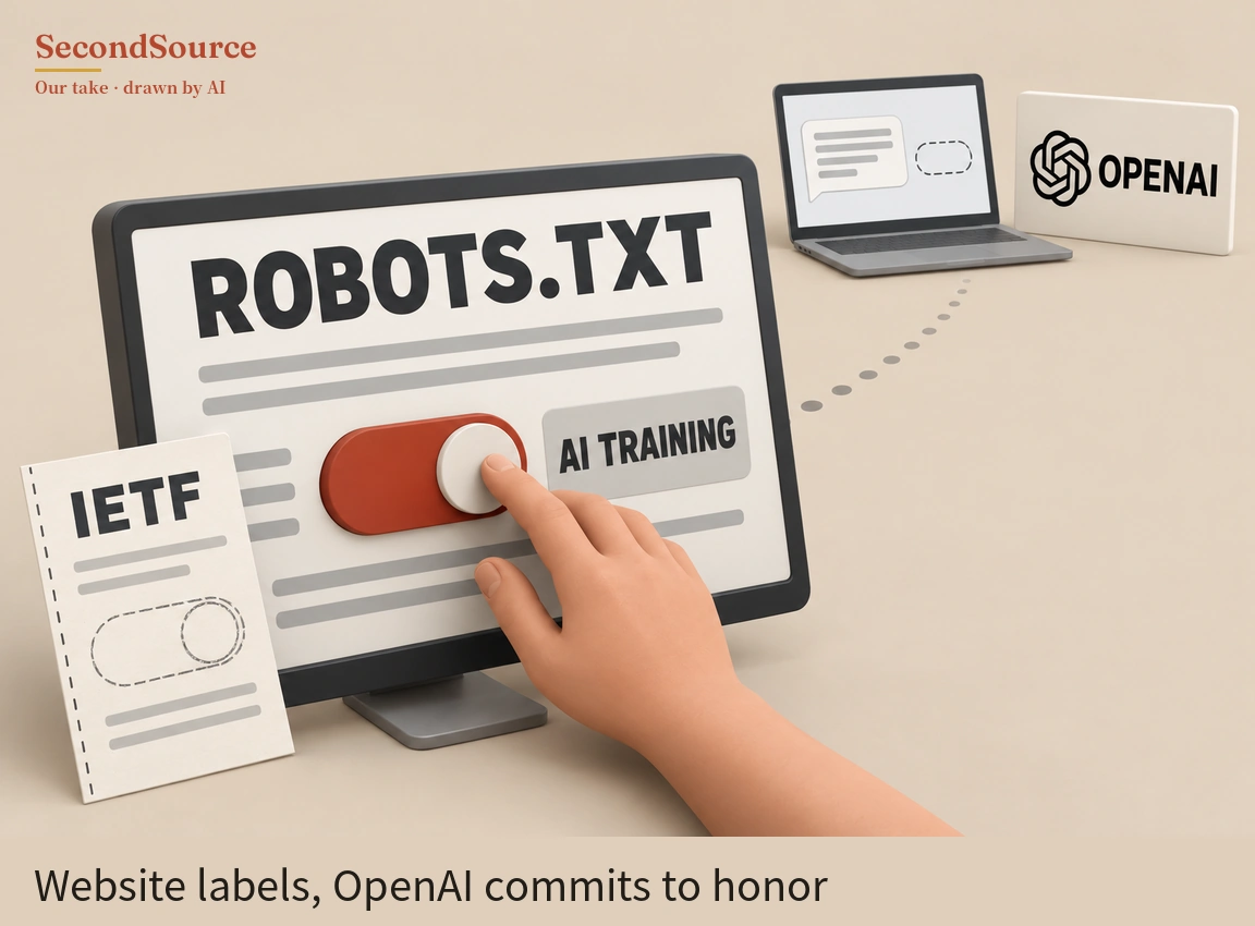 Concept illustration: left of centre, a monitor displays the large heading ROBOTS.TXT above grey lines and a red slide switch with its white knob at the right end, beside a label reading AI TRAINING, while a hand reaching in from the lower right presses the knob with its index finger; in front of the monitor's lower left stands a sheet of paper lettered IETF, with grey lines and a dashed outline of a switch. A dotted line runs from the monitor's right side up and to the right toward a distant laptop whose screen shows a speech bubble with grey lines and a dashed oval, and behind the laptop to the right stands a white plaque lettered OPENAI with a black interlaced emblem.