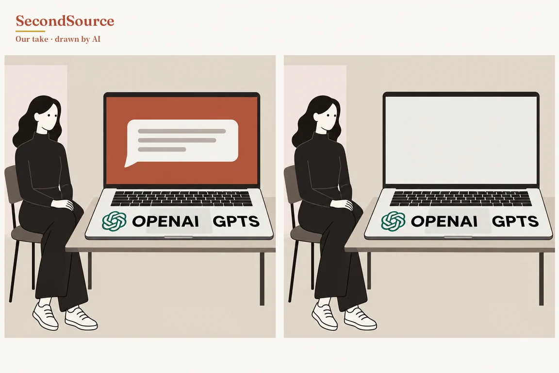 Concept illustration in two side-by-side panels. Each panel shows a woman with long dark hair, in black clothes and white sneakers, sitting on a chair and facing an oversized laptop on a table; the laptop's keyboard deck is lettered OPENAI GPTS next to a green knot-like symbol. In the left panel the laptop screen is red-orange with a white speech bubble holding grey lines, and in the otherwise matching right panel the screen is plain pale grey.