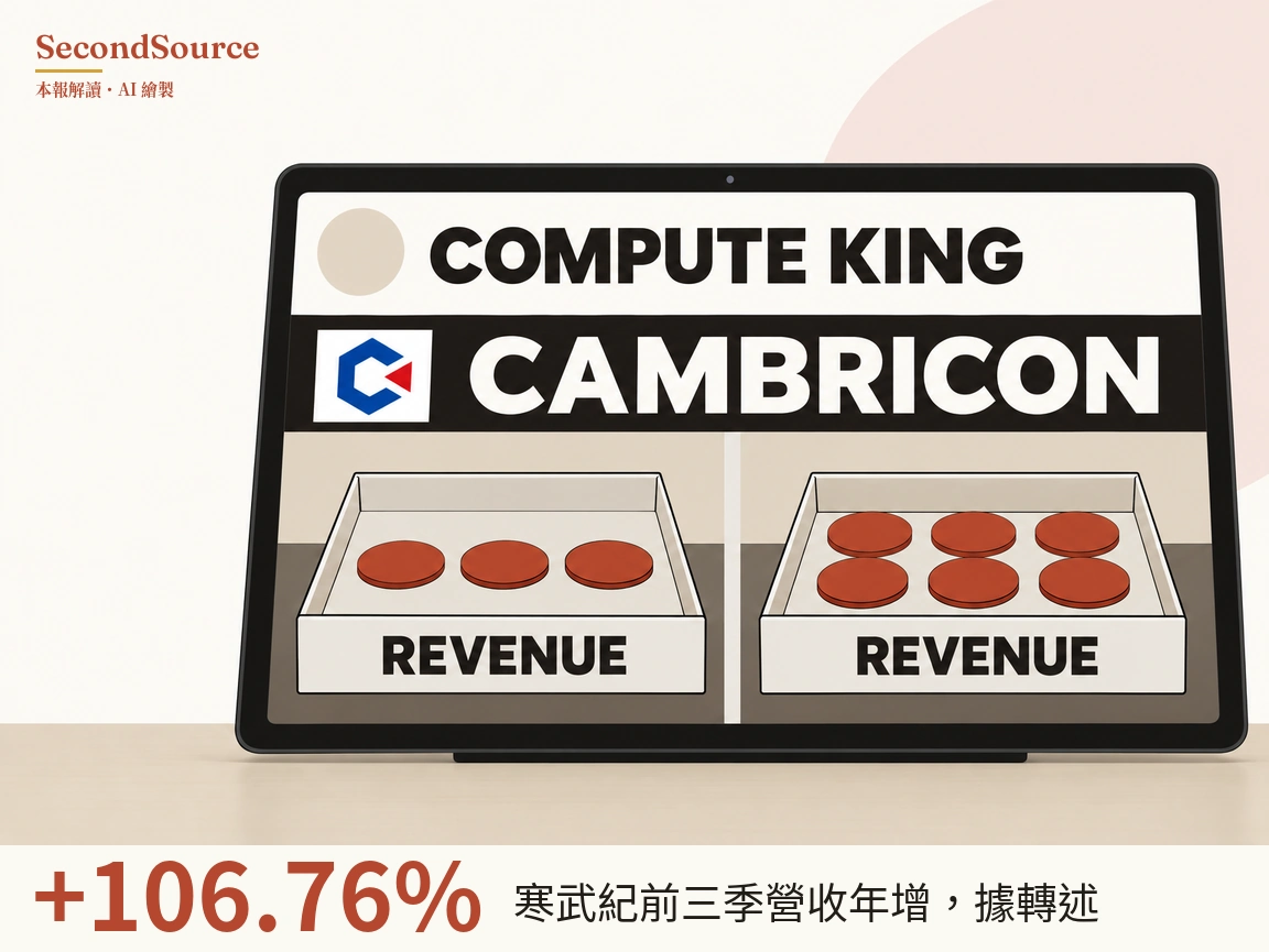 概念插畫:淺色桌面上立著一台平板電腦,螢幕最上方一列是米色圓形和「COMPUTE KING」字樣,其下的黑色橫條上有一個藍紅色方形標誌和白色「CAMBRICON」字樣。螢幕下半部分成左右兩格,各放著一個標有「REVENUE」的白色敞口托盤,左盤裡有三枚紅褐色圓片,右盤裡有六枚。