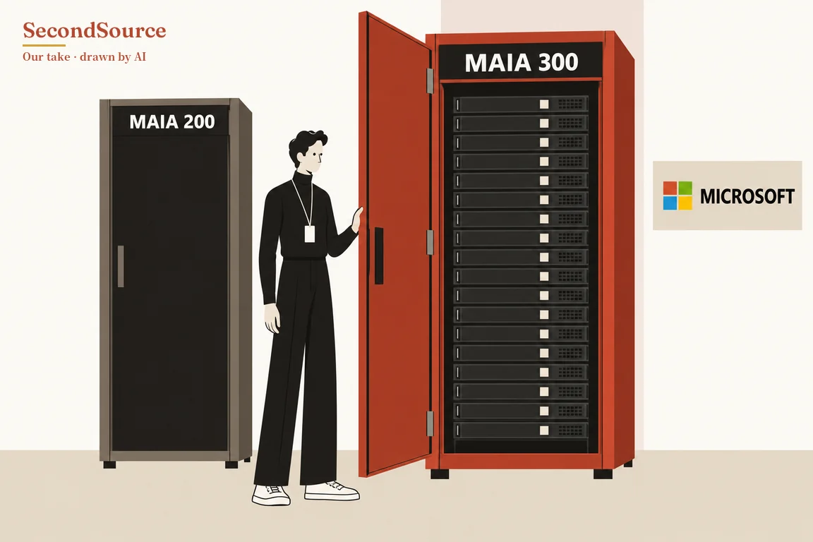 Concept illustration: on the left stands a shorter grey cabinet with a closed black door, lettered MAIA 200 at the top, and in the middle a person in black clothes with a lanyard badge and white sneakers holds open the door of a taller red cabinet. The red cabinet is lettered MAIA 300 at the top and is filled from top to bottom with stacked black rack units, and on the wall at the far right is a sign with a four-coloured square grid and the lettering MICROSOFT.