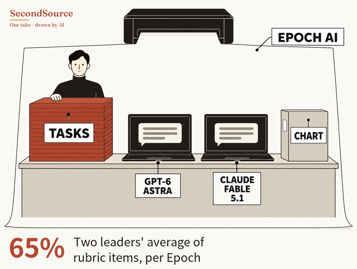 Concept illustration: a large pale sheet hangs from a black rectangular block at the top, with a label lettered "EPOCH AI" at upper right connected to it by a line; inside, a dark-haired person in a black turtleneck stands behind a stack of red layered slabs labeled "TASKS", resting a hand on top. On a long beige counter sit two open laptops whose dark screens each show a speech bubble with gray lines, tagged below by pointer lines "GPT-6 ASTRA" and "CLAUDE FABLE 5.1", and at the right end a beige box labeled "CHART".