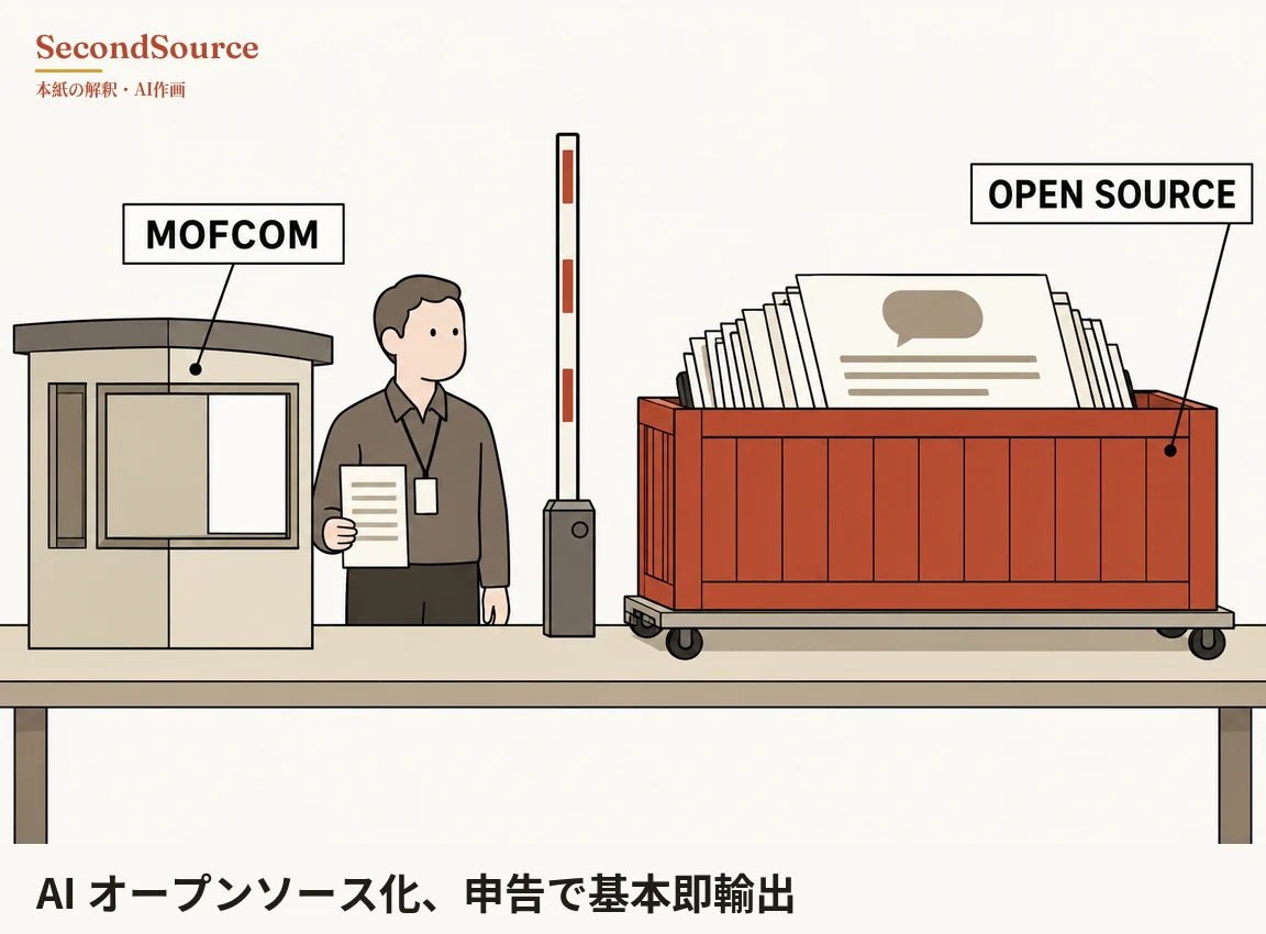 コンセプトイラスト：長いベージュの台の左側に、茶色い屋根と窓のあるベージュの小さなブースがあって「MOFCOM」と書かれた枠付きラベルが線でそれを指し、その横で茶色のシャツに名札を下げた人物が灰色の線の入った紙を持って立ち、隣には濃い灰色の柱に付いた赤白縞の遮断棒がまっすぐ上を向いて立っている。右側には四輪の平台車に縦板の並ぶ赤い大きな箱が載り、箱の縁より高く何枚もの紙が立ち並んで手前の一枚には吹き出しと線が描かれ、「OPEN SOURCE」と書かれた枠付きラベルが線で箱を指している。