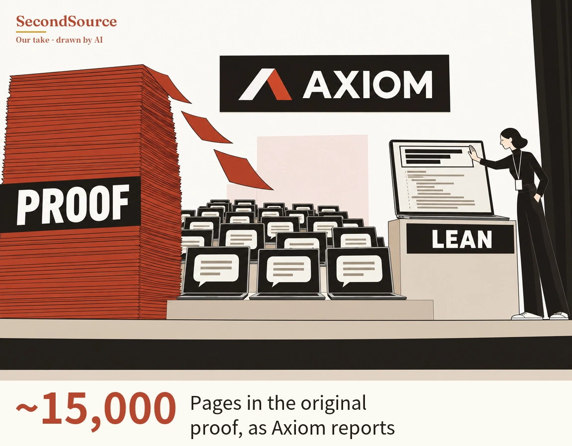 Concept illustration on a stage: at left a tall stack of red papers bears a black label lettered PROOF, with a few sheets flying off its top toward the right; a black sign lettered AXIOM with an angular red-and-white mark hangs above the centre, over rows of laptops on a platform, each screen showing a speech bubble with lines. At right a stand lettered LEAN holds a large monitor showing rows of bars, which a person in black wearing a lanyard badge touches with one hand, beside a dark curtain at the far right edge.