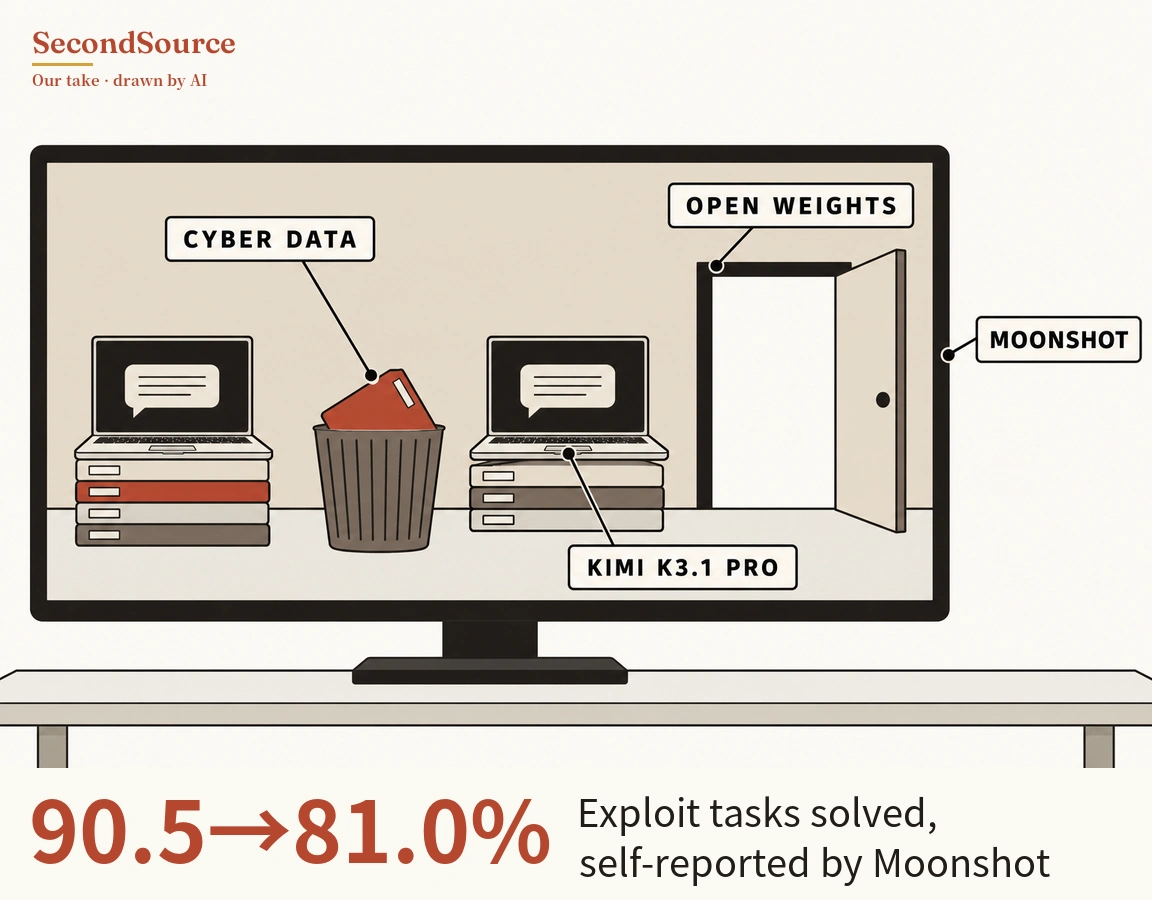 Concept illustration: a large monitor on a stand sits on a table, and its screen shows, from left to right, a laptop displaying a speech bubble on top of a stack of four flat slabs, one of them red; a ribbed waste bin with a red folder tilted into its opening, linked by a line to a label reading CYBER DATA; a second laptop displaying a speech bubble on a stack of three grey and beige slabs, pointed to by a label reading KIMI K3.1 PRO; and an open door in a dark frame, pointed to by a label reading OPEN WEIGHTS. Outside the screen on the right, a label reading MOONSHOT points by a line to the monitor's right edge.