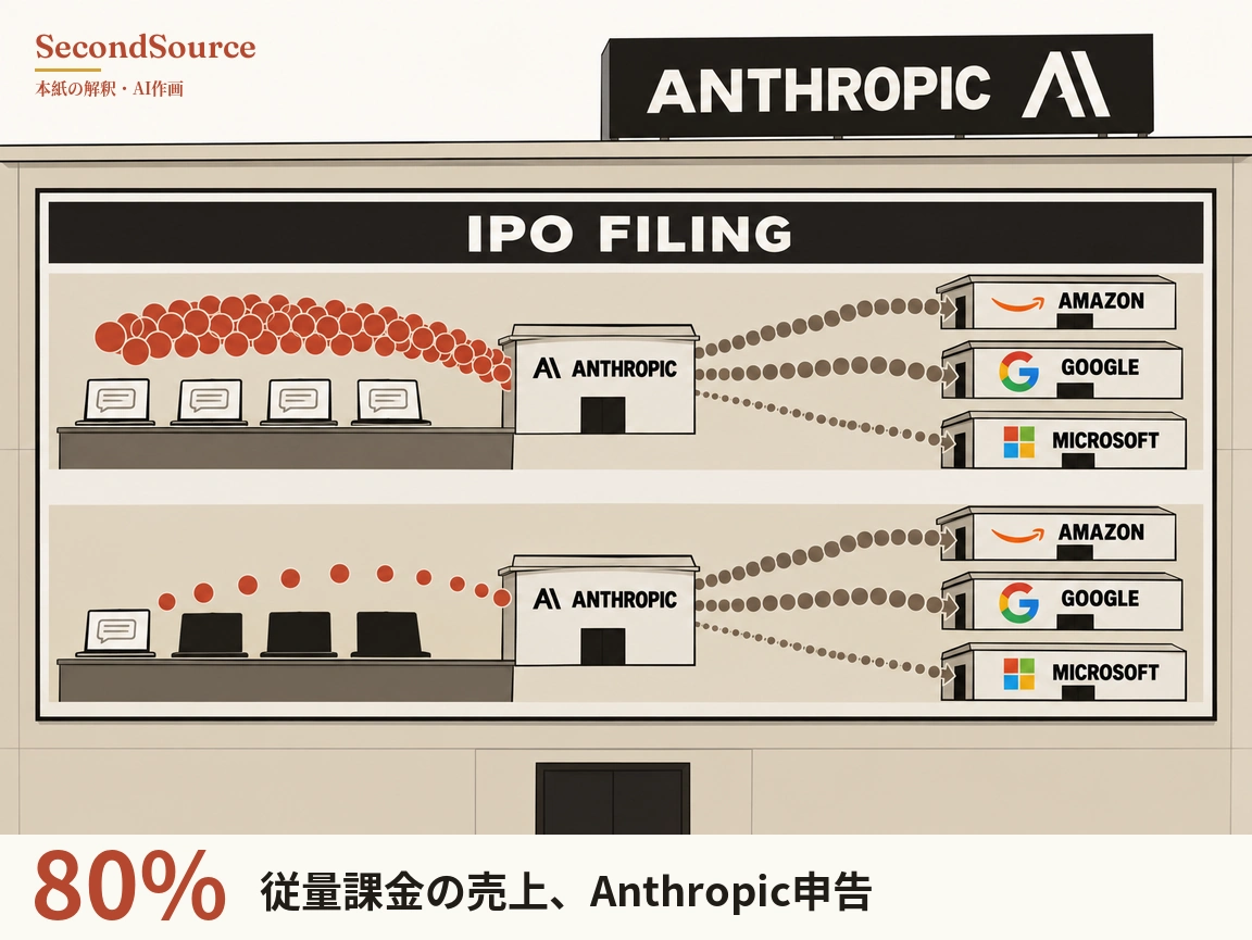 コンセプトイラスト：上に「ANTHROPIC」と書かれた黒い看板を掲げた建物の壁に、「IPO FILING」という見出しの大きなパネルがあり、上下2段に分かれている。上段では左のカウンターに吹き出しアイコンを表示したノートパソコン4台が並び、そこから密集した多数の赤い丸が中央の「ANTHROPIC」と書かれた小さな建物へ流れ込み、その建物から灰色の丸が連なる矢印線3本が右側の「AMAZON」「GOOGLE」「MICROSOFT」と書かれた小さな建物3棟へ伸びている。下段も同じ配置だが、吹き出しアイコンを表示しているノートパソコンは1台だけで残り3台は画面が黒く、「ANTHROPIC」の建物へ向かう赤い丸はまばらな数個だけで、灰色の点線3本は同じように「AMAZON」「GOOGLE」「MICROSOFT」の3棟へ伸びている。