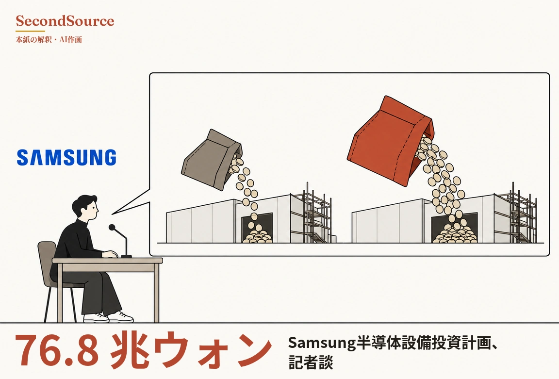 コンセプトイラスト:左側に青い文字「SAMSUNG」があり、その下でマイクの置かれた机に座った人物が右を向いている。人物から伸びる大きな吹き出しの中には足場の付いた似た白い建物が二棟あり、左では小さめの灰褐色の袋が丸い硬貨を建物の入口に注ぎ、右では大きめのレンガ色の袋がより多くの硬貨を入口に注いでいる。