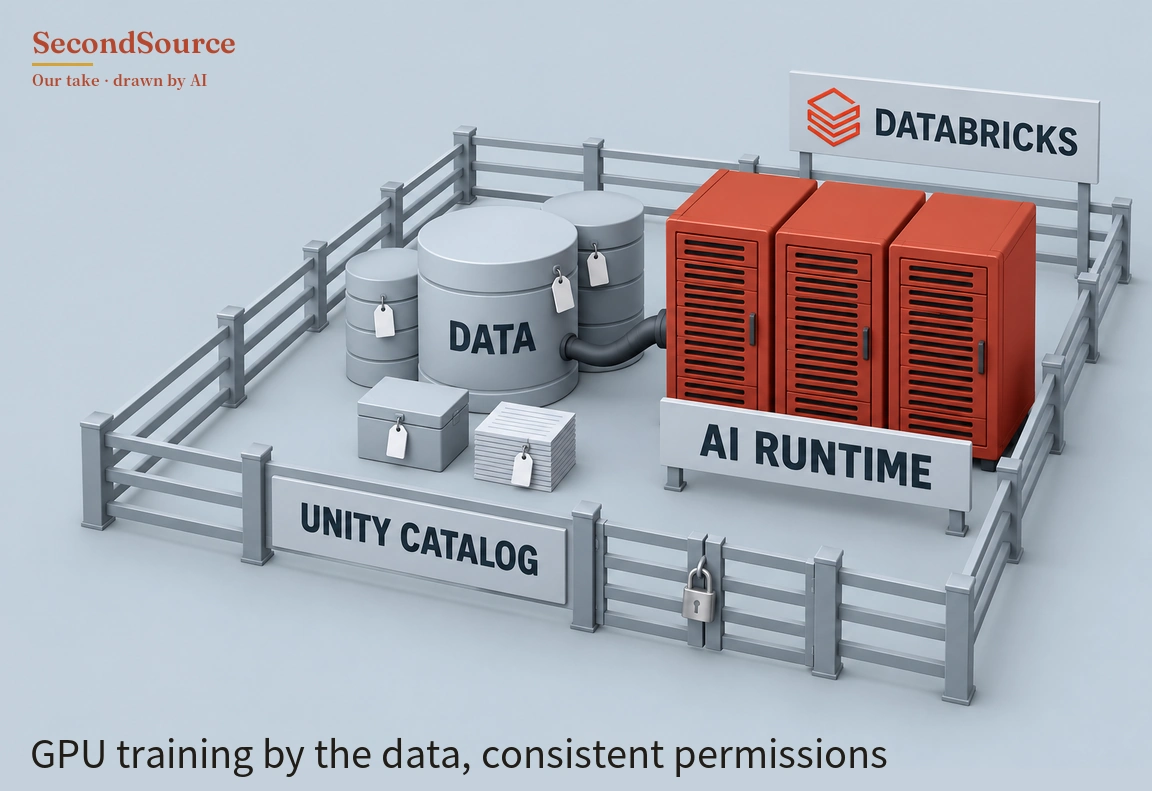 Concept illustration: a grey rail fence encloses a pale grey yard. On the left inside it are three grey cylinders (the largest lettered DATA), a small grey box and a stack of papers, each with a white hanging tag, and a dark grey pipe runs from the DATA cylinder to the leftmost of three red cabinets with slatted vents on the right, which stand behind a sign lettered AI RUNTIME. A padlock hangs on the front of the fence, a sign lettered UNITY CATALOG is fixed to the front left rails, and above the back right corner of the fence stands a sign lettered DATABRICKS beside a red stacked-layers icon.