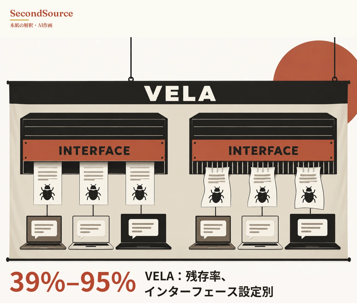 コンセプトイラスト：2本のひもで吊るされた横断幕で、上部の黒い帯に白い大きな文字「VELA」があり、右上の背後にはれんが色の円がある。幕の上には黒い機械のような筐体が2つ並び、それぞれに「INTERFACE」と書かれた赤い帯がある。左の筐体の下からは平らな紙が3枚、右の筐体の下端に並ぶ縦の格子からはしわの寄った紙が3枚垂れ下がる。6枚の紙にはどれも灰色の文字の線と黒い甲虫のアイコンがあり、それぞれ短い線で下のノートパソコンにつながっていて、各画面には吹き出しが1つ表示されている。