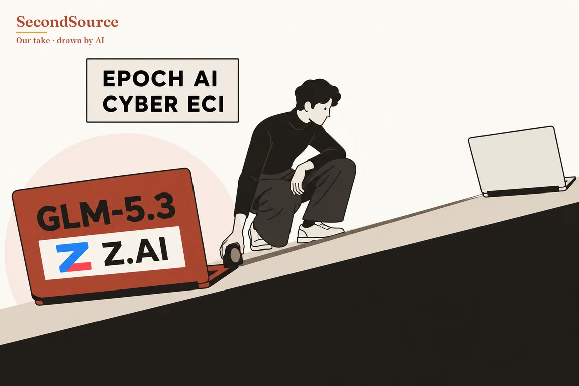 Concept illustration: a beige slope rises from lower left to upper right above a black area, with a large open red-orange laptop at its lower left in front of a pale pink circle, its screen lettered "GLM-5.3" and, on a white strip beside a blue and red Z shape, "Z.AI", and a smaller open pale grey laptop near the upper right. Partway up the slope, below and to the right of a black-bordered sign reading "EPOCH AI CYBER ECI", a crouching person with dark curly hair, dark clothes and white shoes holds a small round dark object beside the red laptop, and a thin line runs from it along the slope toward the grey laptop.
