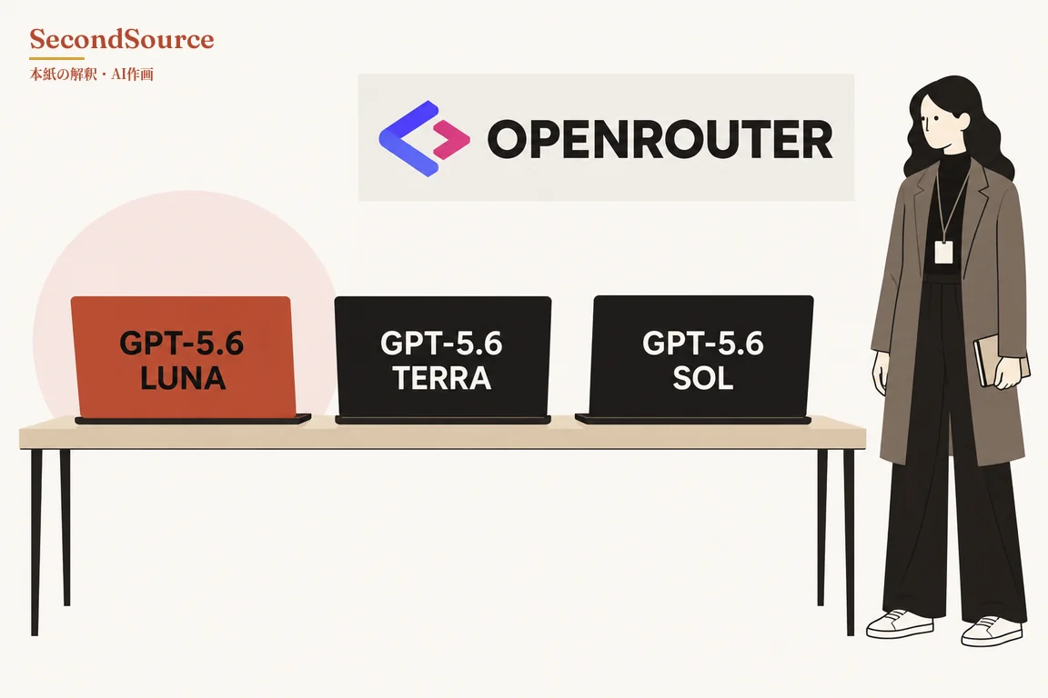 コンセプトイラスト：上部中央の薄いグレーの看板に青とピンクの山括弧形の図形と OPENROUTER の文字があり、その下にある細い黒脚の長いテーブルには、背面をこちらに向けて開いたノートパソコンが3台並んでいる。左の朱色の1台には「GPT-5.6 LUNA」と書かれ、背後に淡いピンクの円がある。中央と右の黒い2台にはそれぞれ「GPT-5.6 TERRA」「GPT-5.6 SOL」と書かれている。テーブルの右には黒い長髪の人物が立っていて、灰褐色のロングコートに黒い服と白いスニーカーを身に着け、首から名札を下げ、本を手に持っている。