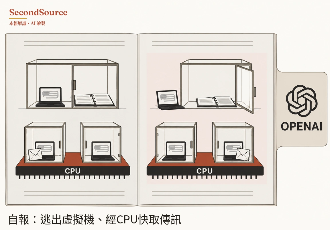 概念插圖:一本攤開的書,左頁上方是一個用關著的門隔開的玻璃箱,一側放著螢幕上有對話框的筆電,另一側放著攤開的線圈筆記本;下方有兩個玻璃方塊,各放一台筆電,立在標有「CPU」字樣的紅黑晶片上,左邊方塊裡有一個信封。右頁底色淡粉紅,畫面構成相同,但玻璃箱側門敞開,筆電放在箱外的層架上,信封則在右邊方塊裡;書的右緣有一個書籤標,上面有交纏環狀圖案和「OPENAI」字樣。
