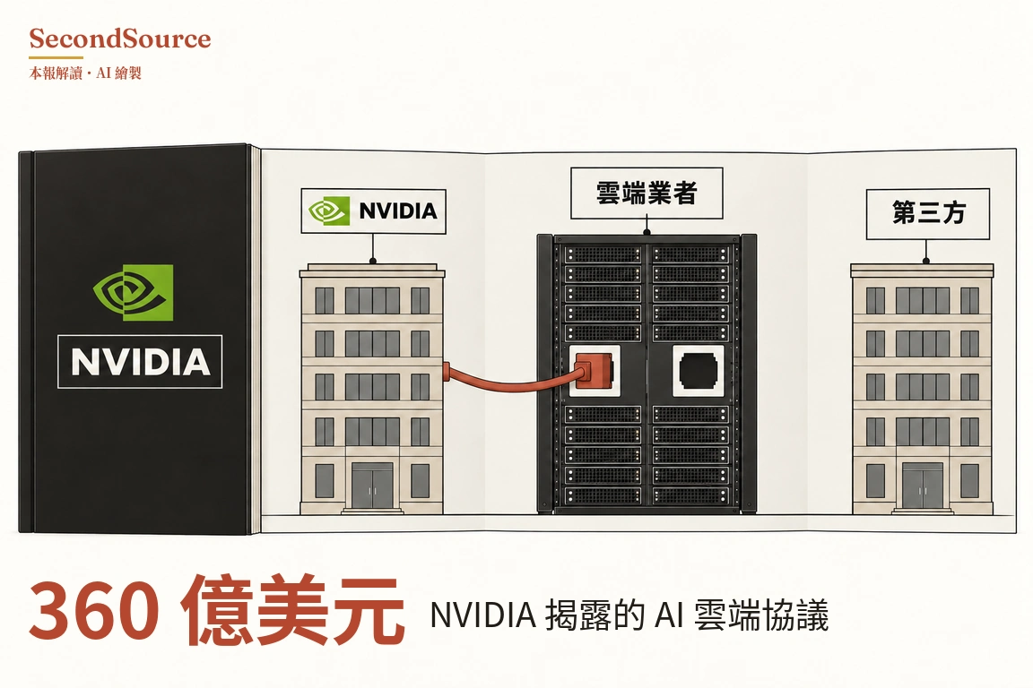 概念插圖:左側是一個黑色封面,綠色標誌下印著 NVIDIA,封面右邊展開一張三折的摺頁。摺頁左邊一棟米色辦公大樓的招牌寫著 NVIDIA(附小綠色標誌),一條橘紅色電纜從大樓側面接到中間一座高大黑色伺服器機櫃上兩個插座中左邊那個,機櫃上方的招牌寫著「雲端業者」;機櫃右邊的插座沒有插頭,最右邊一棟相同樣式的大樓招牌寫著「第三方」,沒有接上電纜。