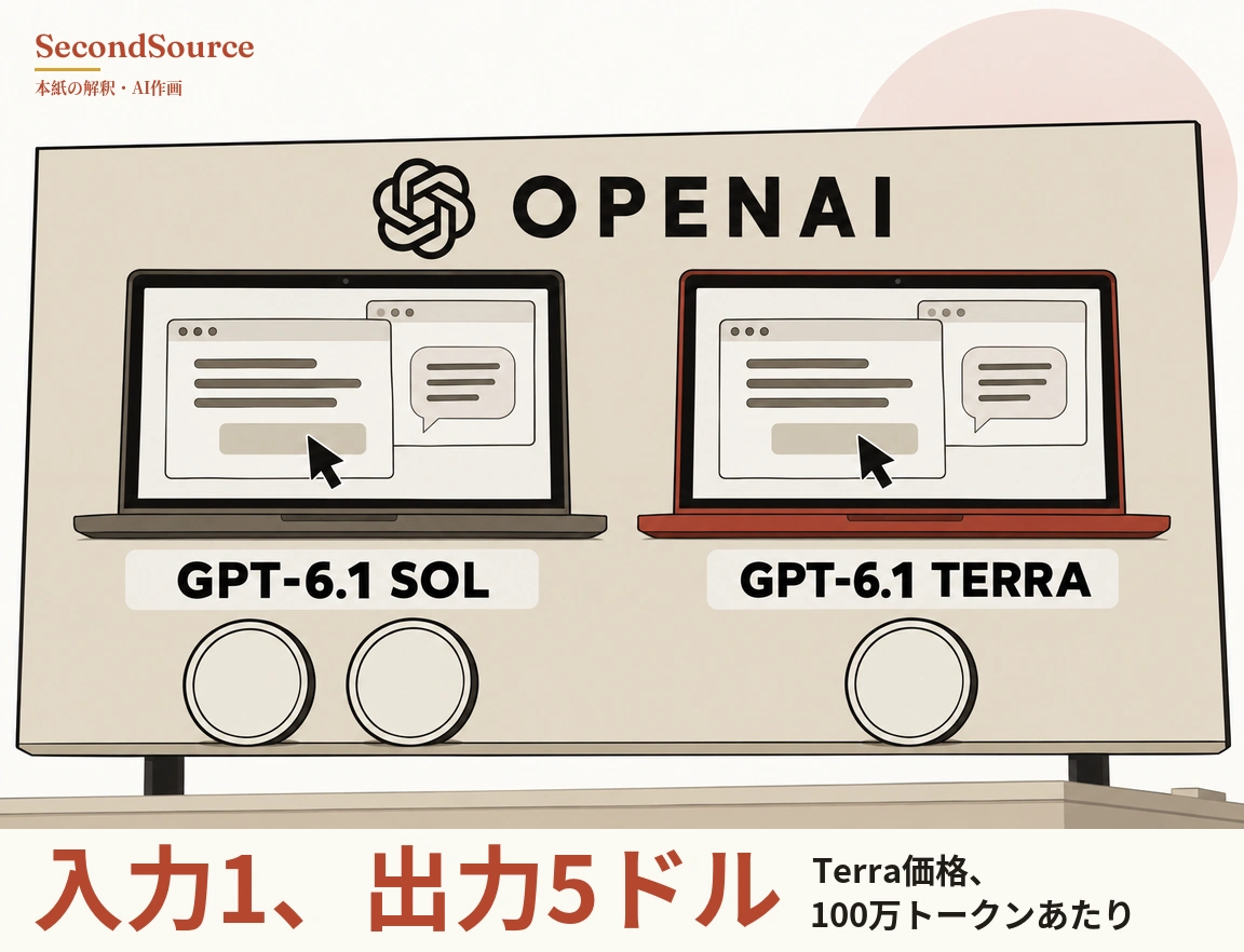 コンセプトイラスト：屋上の支柱に立つ大きな看板に、黒い「OPENAI」の文字と、その横に編み込んだ結び目のような記号があり、看板の右上の背後には淡いピンクの円がある。看板には開いたノートパソコンが2台並び、左の濃い灰色の1台には「GPT-6.1 SOL」、右の赤い1台には「GPT-6.1 TERRA」のラベルが付いている。どちらの画面にも重なった2つのウィンドウが映り、1つには灰色の文字線とマウスポインターが載ったボタン、もう1つには吹き出しがあり、左のラベルの下には無地の丸い円盤が2枚、右のラベルの下には1枚ある。