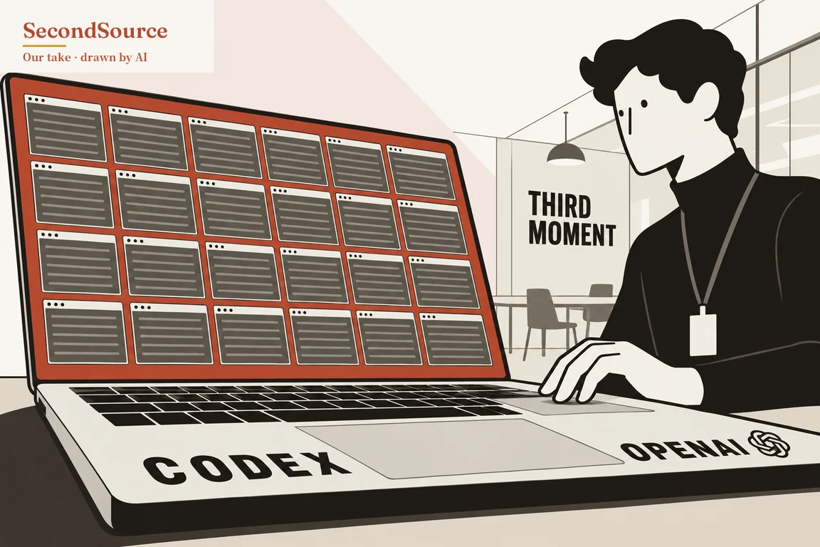 Concept illustration: on the left, a large laptop has a red screen with a grid of 24 small grey window panels in four rows of six, each with three dots and a few lines; its base is lettered CODEX on the left and OPENAI next to an interlaced knot-shaped symbol on the right. On the right, a person with short dark curly hair, a black high-necked top and a card on a lanyard rests one hand on the keyboard, in front of a glass-walled office with a pendant lamp, a table with chairs and a wall lettered THIRD MOMENT.