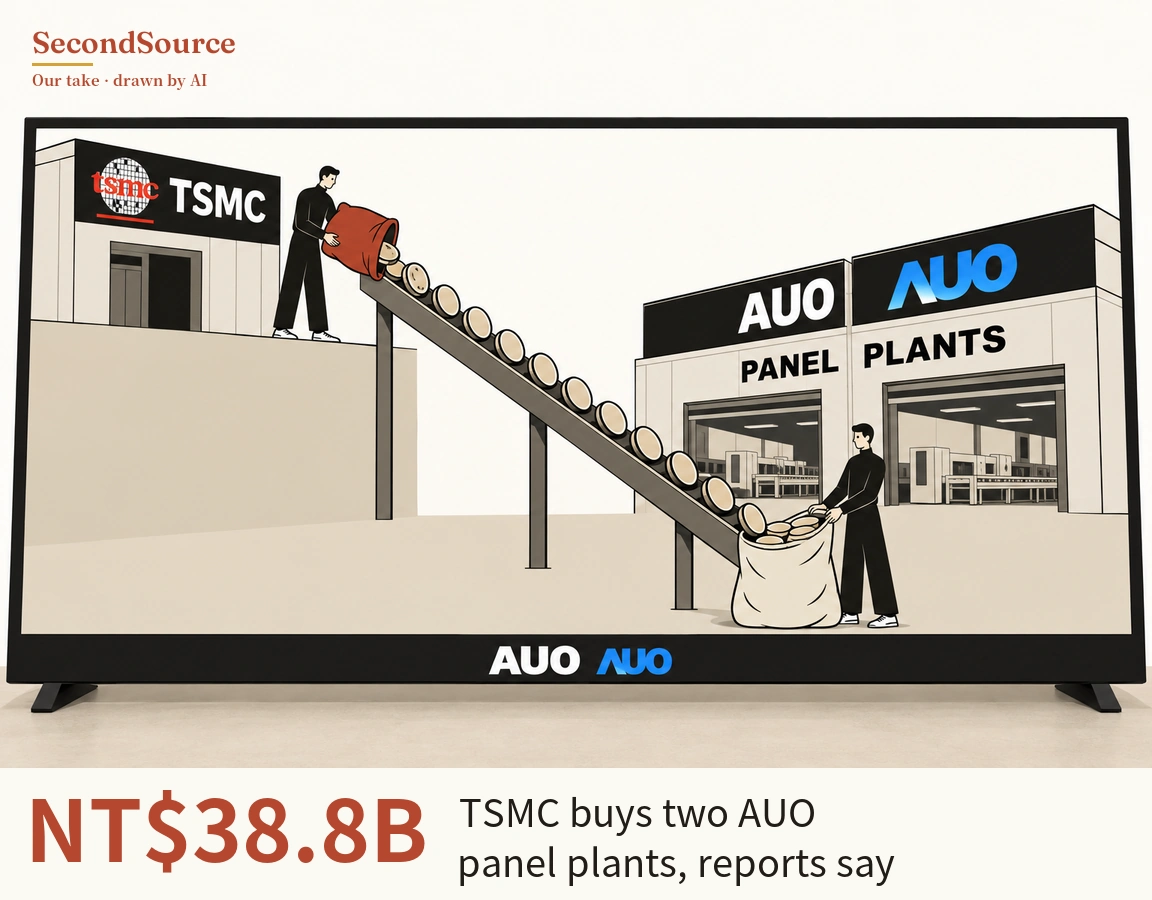 Concept illustration set inside the screen of a flat-panel display whose bottom bezel is lettered "AUO AUO": on the left, a person stands on a raised ledge beside a building signed "tsmc TSMC" and tips a red sack of round beige discs onto a long slanted chute on posts. The discs roll down to the right, where a second person holds open a large pale sack in front of a building lettered "AUO AUO" and "PANEL PLANTS", with machinery visible through its two open bays.