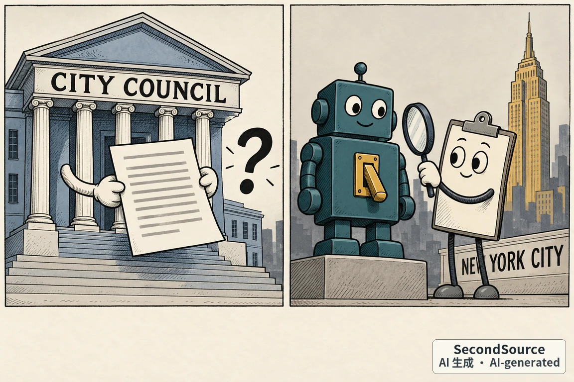 兩格概念插畫:左格是一棟有石柱和台階、門楣寫著「CITY COUNCIL」的建築,前方一雙戴白手套的卡通手舉起一張畫著灰色橫線的紙,旁邊有一個問號。右格是一個站在石台上、胸前有金色撥桿開關的藍綠色方形機器人,旁邊一塊有臉、有手腳的寫字板拿著放大鏡對著它,背景是城市天際線、一棟帶尖頂的金色高樓,以及一道寫著「NEW YORK CITY」的矮牆。