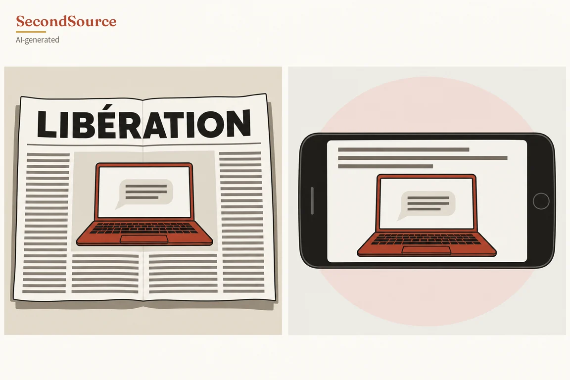 Concept illustration in two panels: on the left, an open newspaper with the masthead lettered LIBÉRATION, columns of grey lines, and in its centre a red laptop whose screen shows a speech bubble with grey lines; on the right, a black smartphone turned sideways in front of a pale pink circle, its screen showing three grey lines above a similar red laptop with a speech bubble on its screen.