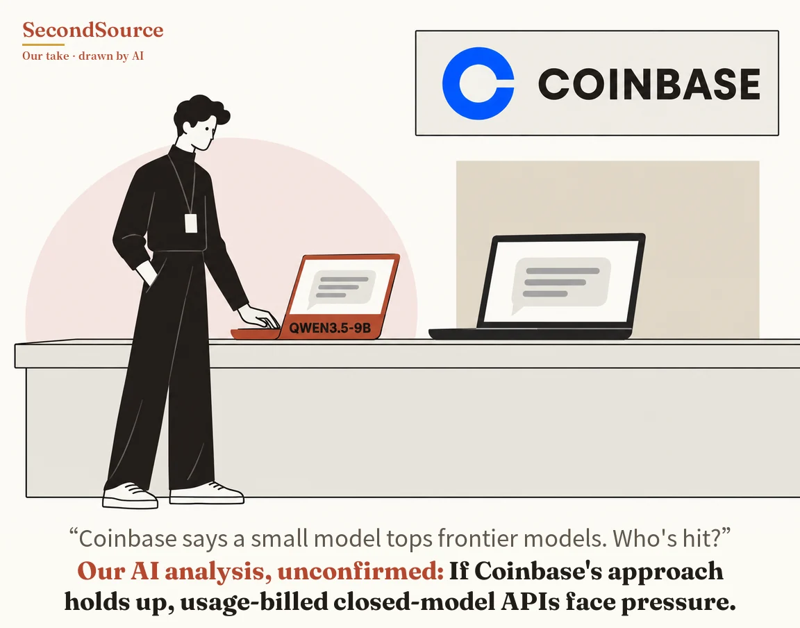Concept illustration: on the left, a person in black clothing with a badge on a lanyard stands by a long counter, one hand in a pocket and the other on the keyboard of an orange-red laptop whose base is lettered "QWEN3.5-9B" and whose screen shows a speech-bubble icon, with a pale pink circle behind them. Further right on the same counter is a larger black laptop, also showing a speech-bubble icon, in front of a beige panel, and at the top right is a framed sign with a blue C-shaped ring and the lettering "COINBASE".