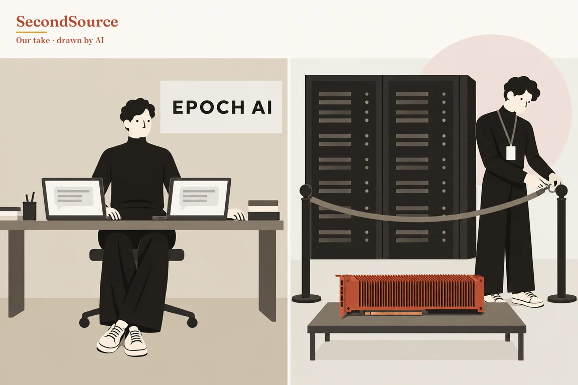 Concept illustration split into two panels: on the left, a person in a black turtleneck sits on an office chair with hands on two side-by-side laptops whose screens show grey speech-bubble shapes, with a pen cup and a stack of boxes on the desk and a wall sign lettered "EPOCH AI" behind. On the right, a person wearing a lanyard badge hooks a rope between two black stanchion posts in front of a tall black cabinet with rows of slots and small lights, while a red-brown finned hardware card sits on a low table in front of the rope, with a pale pink circle behind the person.