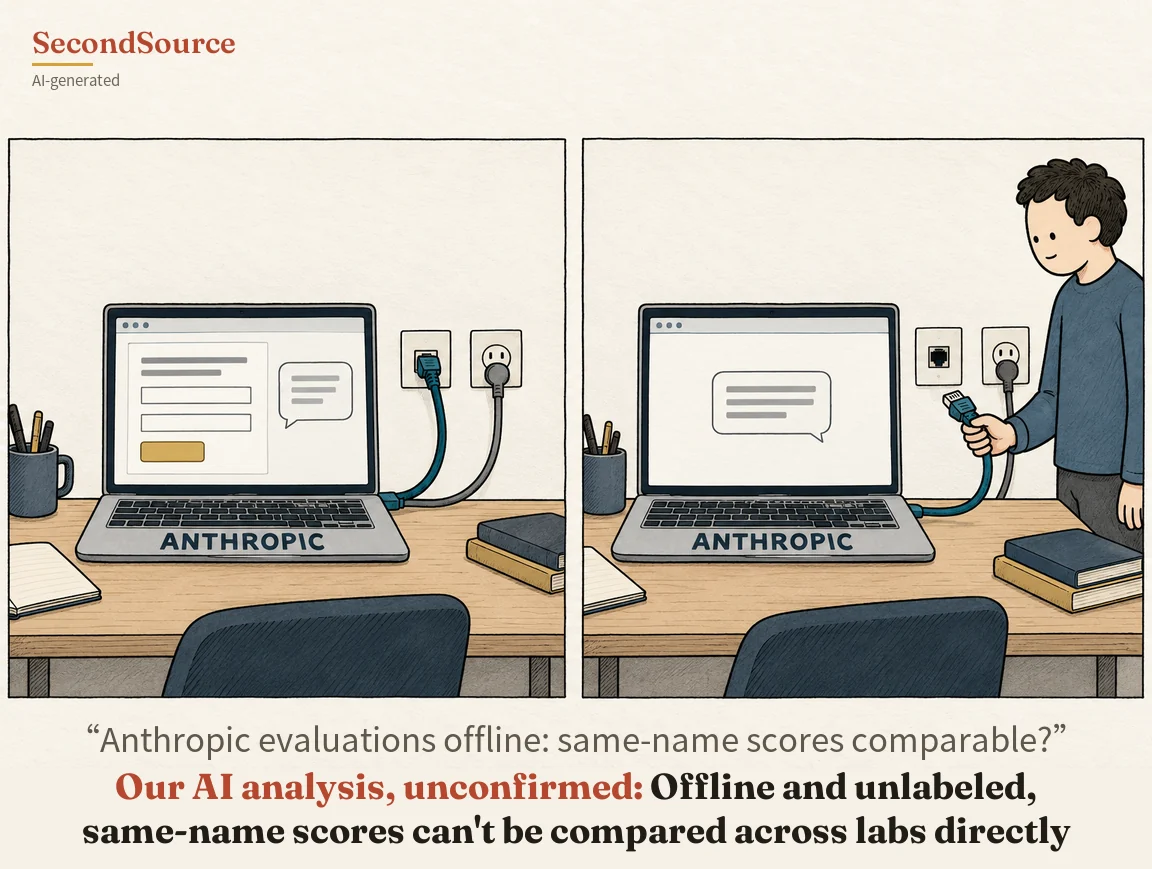 Two-panel concept illustration of the same wooden desk, with a laptop lettered ANTHROPIC, a pen cup, a notebook and a stack of books, and a chair back in the foreground; in the left panel the screen shows a form with two blank fields and a yellow button next to a speech bubble, and a blue cable runs from the laptop to a wall jack beside a grey power cord plugged into a wall socket. In the right panel the screen shows only a speech bubble, and a person in a blue sweater stands beside the desk holding the blue cable's plug next to the empty wall jack, while the grey power cord is still plugged in.