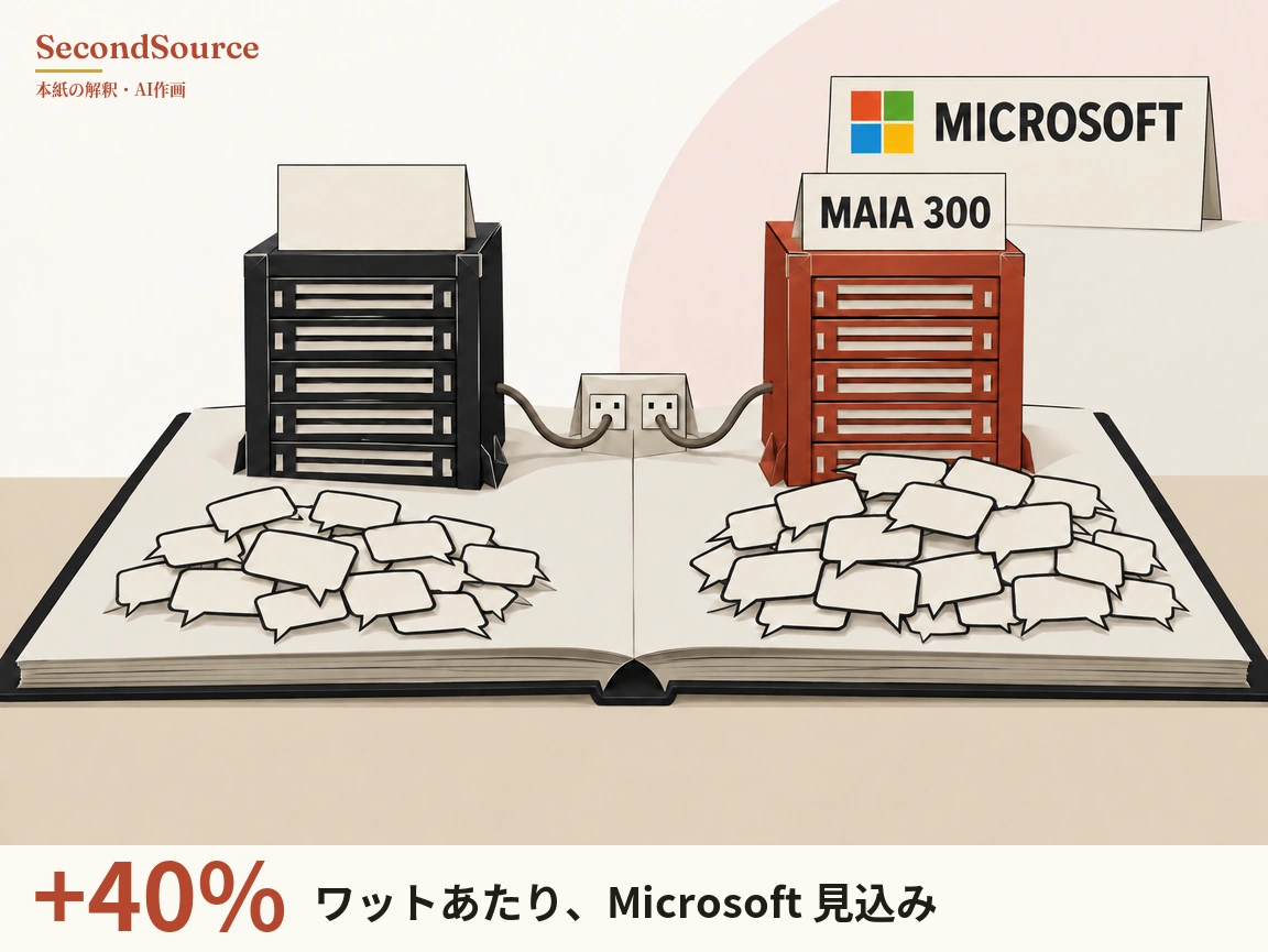 コンセプトイラスト:ベージュの卓上に開いた本があり、左ページには横長のスロットが並ぶ黒いサーバーラックと、その上に空白の三角卓上札、右ページには「MAIA 300」と書かれた札を載せた赤橙色のラックが立ち、その奥には赤・緑・青・黄の四つの四角からなる図形と「MICROSOFT」の文字が入った大きな札がある。両ラックからのケーブルは中央にある二口の小さなコンセントボックスにつながり、各ラックの手前には空白の吹き出しが山積みになっていて右側の山の方が大きく、淡い背景の右上にはピンクの弧形がある。