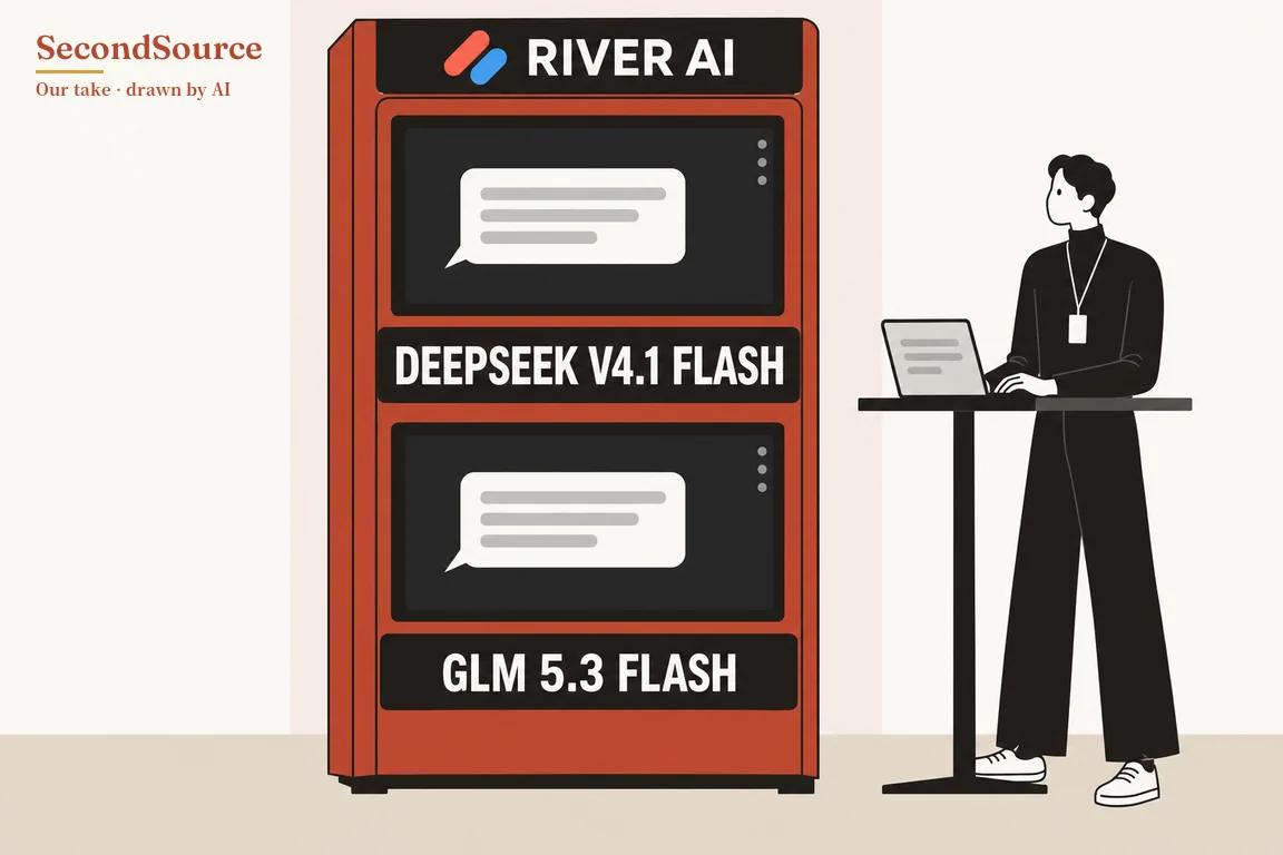 Concept illustration: on the left stands a tall red-orange cabinet whose top sign is lettered "RIVER AI" beside a red and a blue slanted rounded bar, with two stacked dark screens each showing a white speech bubble with grey lines, labelled below "DEEPSEEK V4.1 FLASH" and "GLM 5.3 FLASH". On the right, a person dressed in black with a lanyard badge stands at a tall black desk typing on a laptop and looks toward the cabinet, against an off-white wall and a beige floor.