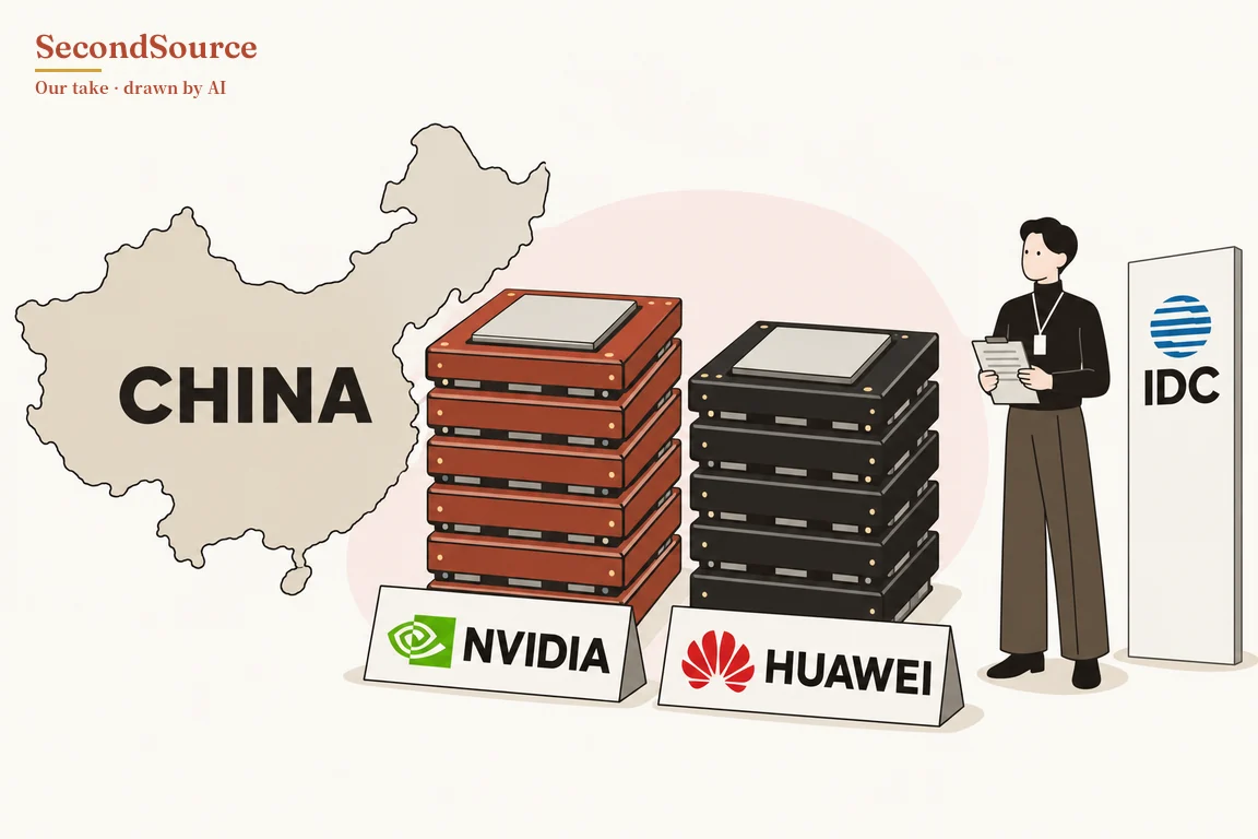 Concept illustration: on the left, a pale beige map outline lettered CHINA in large letters; in the centre, against a pale pink circle, two stacks of flat boxes, one rust-red and one black, each topped by a grey square plate and fronted by a white tent sign, the left lettered NVIDIA beside a green emblem and the right lettered HUAWEI beside a red emblem. On the right, a person in a black turtleneck, brown trousers and a lanyard badge stands holding a clipboard next to a tall white panel lettered IDC under a blue striped round emblem.