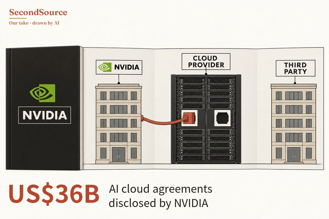 Concept illustration: a black cover on the left, lettered NVIDIA under a green logo, opens out into a three-panel fold-out sheet. On the sheet, a beige office building under a sign reading NVIDIA (with a small green logo) is linked by an orange-red cable to the left of two sockets on a tall black server rack in the middle, which stands under a sign reading CLOUD PROVIDER, while the rack's right socket has nothing plugged in and a matching building on the right under a sign reading THIRD PARTY has no cable attached.