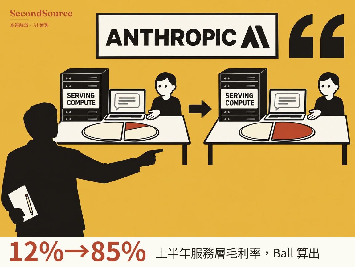 概念插圖,芥末黃底:上方是寫著 ANTHROPIC 的白色框牌,旁有一個黑色稜角標記,右側是一對大大的黑色引號;下方兩張相同的桌子以一個向右的黑色箭頭相連,每張桌上都有標著 SERVING COMPUTE 的伺服器機箱、螢幕上顯示對話框的筆電、坐在後方的人,以及分成米白與紅色兩部分的圓盤,左桌圓盤的紅色部分很小,右桌的紅色部分大得多。左前方是一個深色人形剪影,手拿筆記本和鉛筆,伸手指向桌子。