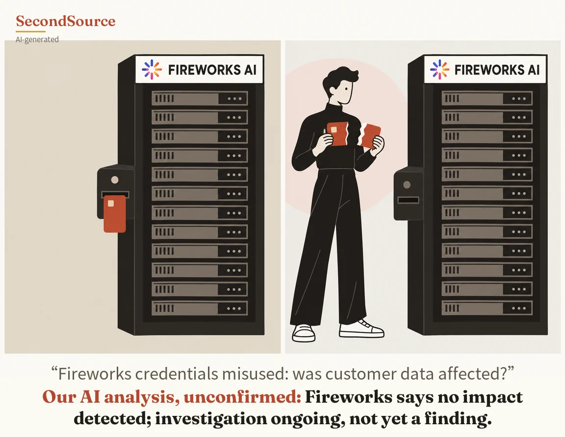 Concept illustration in two side-by-side panels: on the left, a black server rack topped by a white sign lettered FIREWORKS AI with a multicoloured starburst icon has a red card inserted in a black card reader on its left side. On the right, a person in a black turtleneck, wide black trousers and white sneakers stands in front of a pale pink circle holding a red card torn in two, one half in each hand, beside a second rack lettered FIREWORKS AI whose card reader on the left side has no card in its slot.