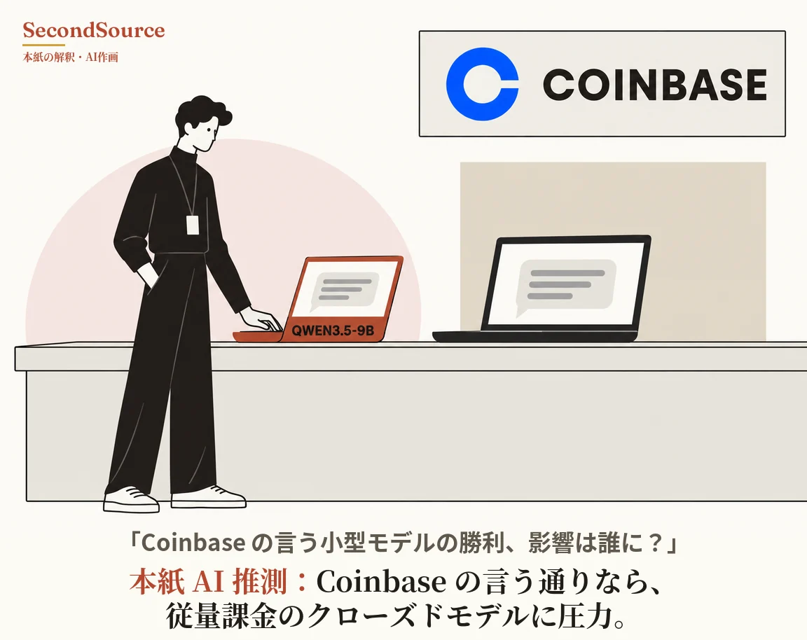 コンセプトイラスト。左側で、黒い服を着て首から名札を下げた人物が長いカウンターの脇に立ち、片手をポケットに入れ、もう片方の手を朱色のノートパソコンのキーボードに置いている。このノートパソコンの台座には「QWEN3.5-9B」の文字があり、画面には吹き出しのアイコンが表示され、人物の背後には淡いピンクの円がある。同じカウンターの右側にはベージュのパネルを背にして一回り大きい黒いノートパソコンがあり、画面には同じく吹き出しのアイコンが映っている。右上には青いC字形のリングと「COINBASE」の文字が入った枠付きの看板がある。