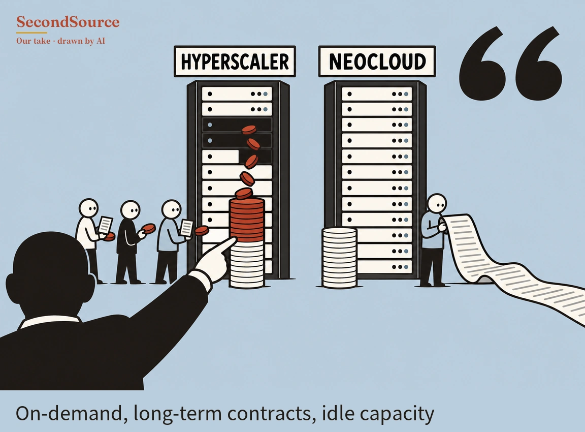 Concept illustration on a light blue background: two server racks stand side by side. The left one sits under a sign lettered HYPERSCALER and has several dark slots, with red coin-like discs falling down its front onto a stack of red discs piled on white discs. Three small cartoon figures holding papers and red discs line up to its left, and in the foreground a large dark silhouette of a person in a suit, seen from behind, points at that stack. The right rack, under a sign lettered NEOCLOUD, has all-white slots and a shorter stack of white discs at its base, and a small figure beside it holds a long unrolled sheet printed with rows of lines that trails toward the lower right, while a large black quotation mark fills the top-right corner.