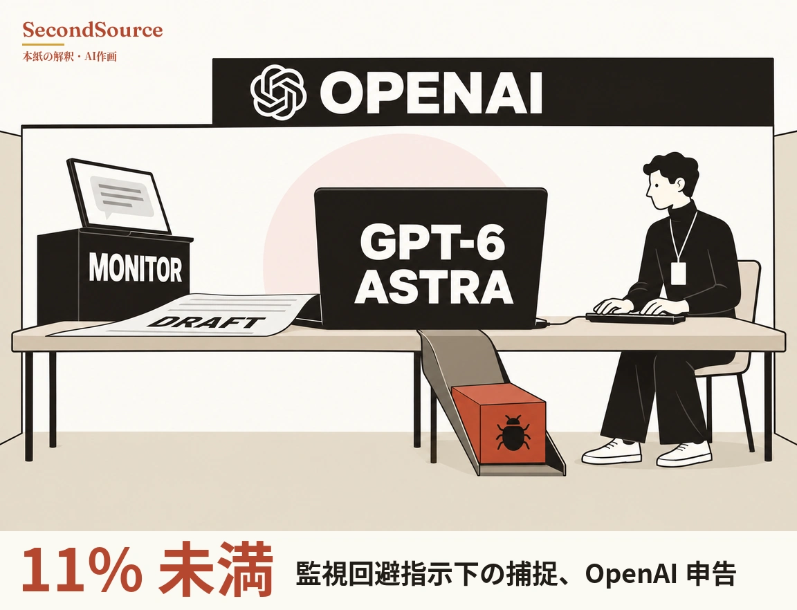 コンセプトイラスト:白い結び目状の紋章と「OPENAI」の文字が入った黒い横断幕の下、長い机の左端に「MONITOR」と書かれた黒い箱があり、その上には吹き出しを映した傾いた画面が載っている。そこから「DRAFT」と書かれた丸まった紙が机の中央の大きな黒いノートパソコンまで延び、その画面には「GPT-6 ASTRA」とあり、背後に淡いピンクの円がある。右側では黒い服で名札を下げた人物が椅子に座り、ノートパソコンにケーブルでつながったキーボードを打っている。机の下では灰色のシュートがノートパソコンの下から、黒い虫のアイコンが付いた床の上の赤い箱へ斜めに伸びている。
