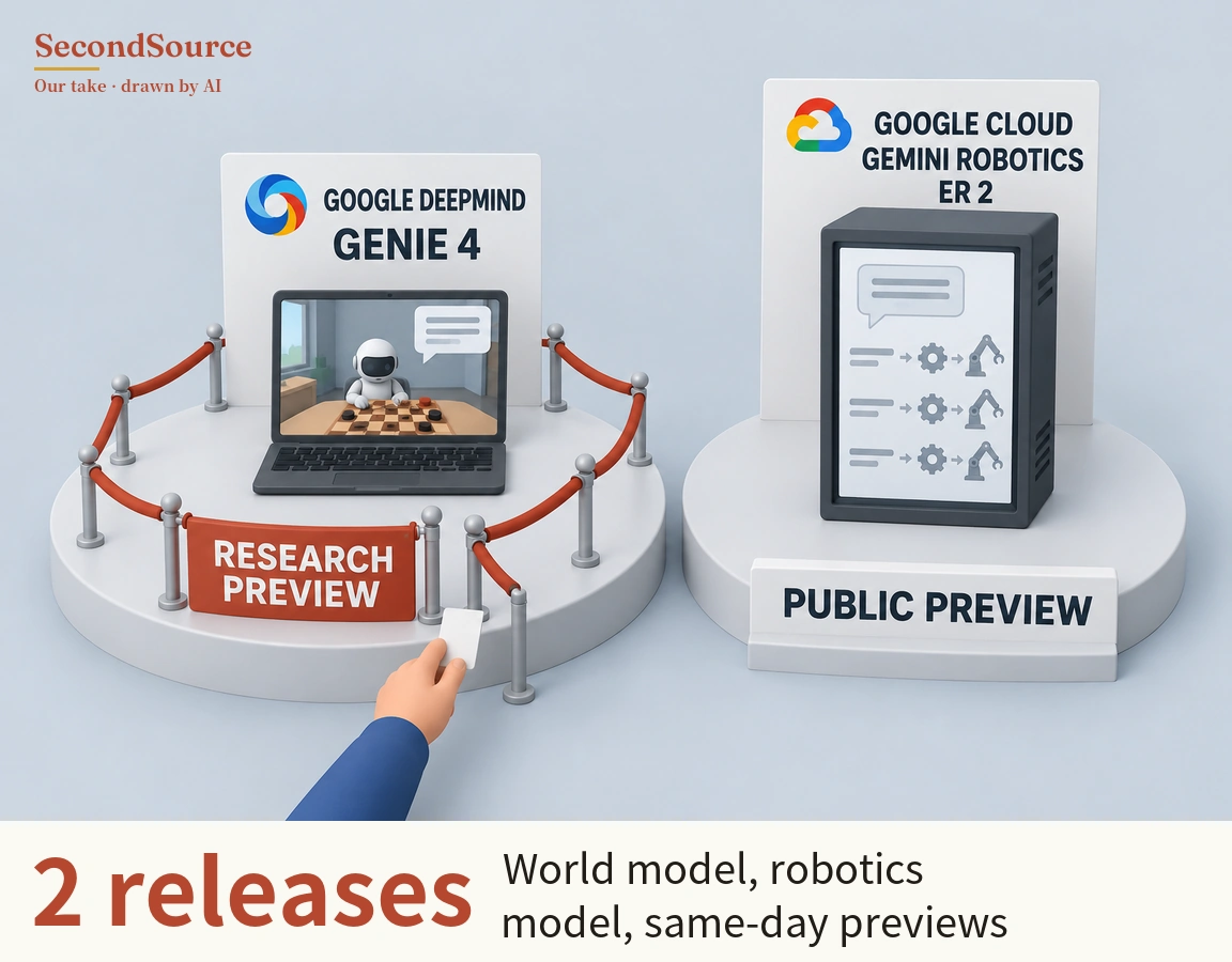 Concept illustration of two round white platforms side by side: on the left, red ropes on silver posts surround a laptop whose screen shows a white robot at a checkered board with dark and light pieces beside a speech bubble, in front of a sign with a round multicoloured icon lettered GOOGLE DEEPMIND GENIE 4, while a red banner lettered RESEARCH PREVIEW hangs on the rope and a hand in a blue sleeve reaches up from the bottom holding a white card toward the rope. On the right, a dark box-shaped device whose screen shows a speech bubble and three rows of line, arrow, gear and robotic-arm icons stands in front of a sign with a multicoloured cloud icon lettered GOOGLE CLOUD GEMINI ROBOTICS ER 2, with a plaque lettered PUBLIC PREVIEW in front.
