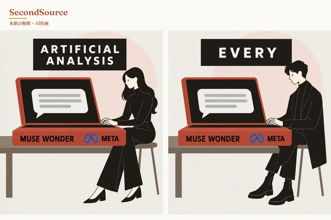 左右2コマが並ぶコンセプトイラスト。左のコマでは、ARTIFICIAL ANALYSIS と書かれた黒い看板の下で、黒い服を着た長髪の人物がスツールに座り、机の上の大きな赤いノートパソコンで入力している。画面には灰色の線が入った白い吹き出しがあり、本体の土台には MUSE WONDER と META の文字と青いループ状の記号が描かれ、背景には淡いピンクの円がある。右のコマでは、EVERY と書かれた黒い看板の下で、黒いロングコートとブーツ姿の短髪の人物がスツールに座り、机の上の同じ赤いノートパソコンで入力しており、背景には同じく淡いピンクの円がある。