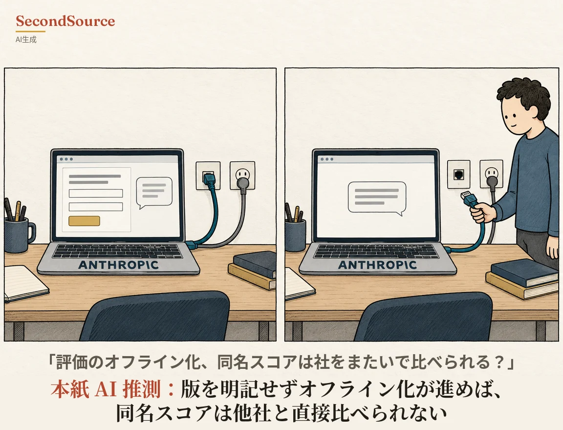 同じ木の机を描いた2コマのコンセプトイラストで、机にはANTHROPICと書かれたノートパソコン、ペン立て、ノート、積まれた本があり、手前に椅子の背もたれが見える。左のコマでは画面に空欄2つと黄色いボタンのあるフォームと吹き出しが表示され、青いケーブルがパソコンから壁の差し込み口へ、灰色の電源コードが壁のコンセントへつながっており、右のコマでは画面に吹き出しだけが表示され、青いセーターの人物が机の横に立って青いケーブルのプラグを空いた壁の差し込み口の近くで手に持ち、灰色の電源コードは差さったままになっている。