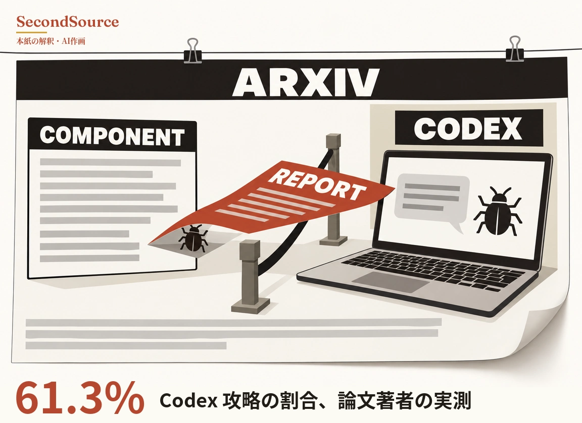 コンセプトイラスト:大きな紙が2つのダブルクリップで細い線から吊られ、上部の黒い帯に「ARXIV」と書かれている。左には「COMPONENT」と見出しのある灰色の横棒が並ぶページ、右には「CODEX」と書かれた黒い札とノートパソコンがあり、画面には灰色の吹き出しと黒い甲虫が映っている。「REPORT」と書かれた赤い紙が左のページの右下から、2本の角柱の間に渡された黒いロープを越えてノートパソコンの画面の端まで伸び、その左端がめくれて下にもう1匹の黒い甲虫が見え、大きな紙の下部には灰色の横棒が3本ある。