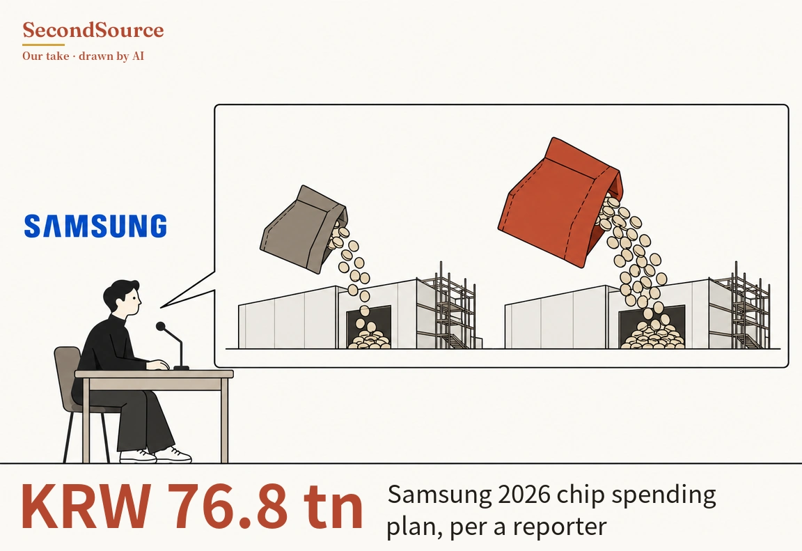 Concept illustration: on the left, blue lettering reading SAMSUNG sits above a person seated at a desk with a microphone, facing right. A large speech bubble from the person shows two similar white buildings with scaffolding: a smaller grey-brown bag tips round coins into the doorway of the left one, and a larger brick-red bag pours a bigger stream of coins into the doorway of the right one.