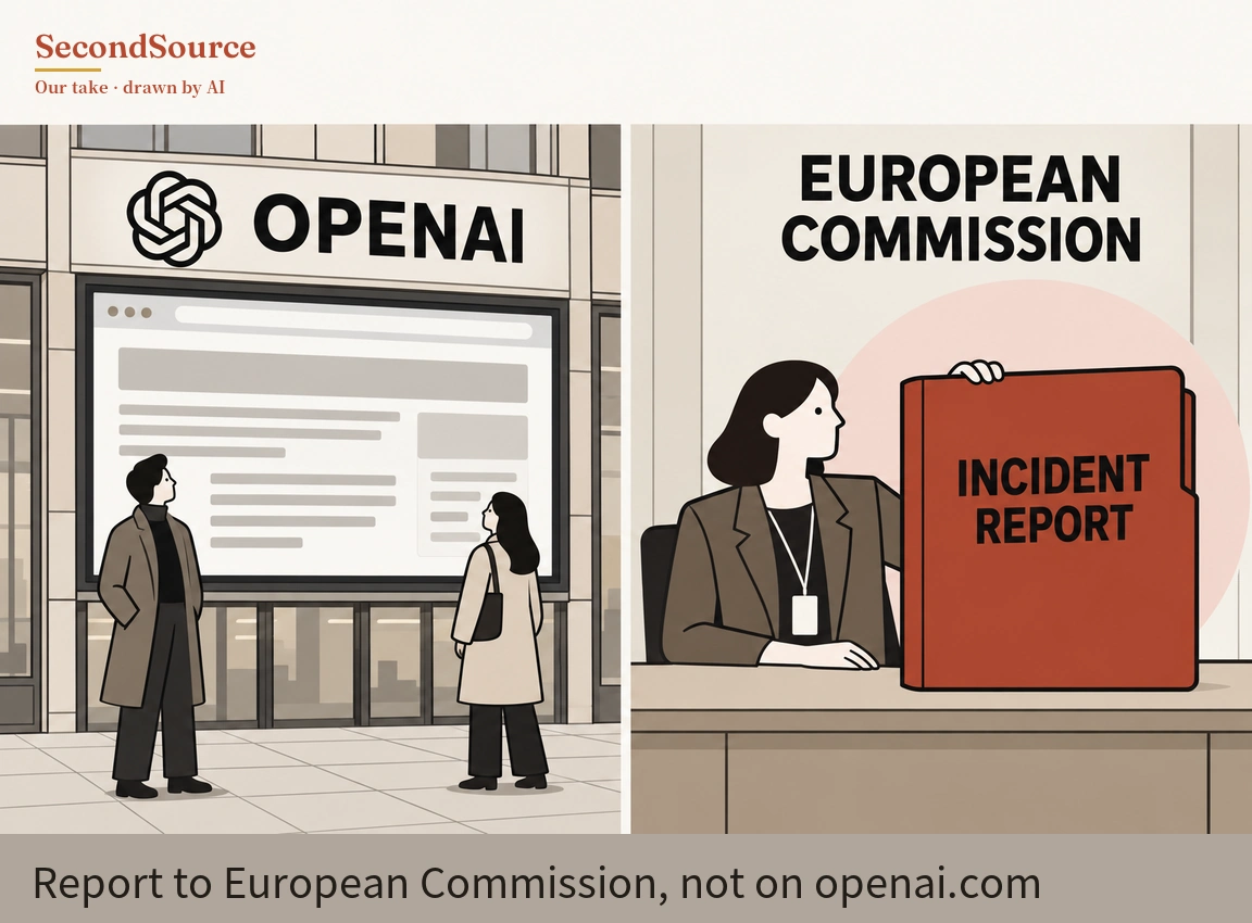 Concept illustration in two panels: on the left, a building whose sign is lettered "OPENAI" beside a knot-shaped emblem, with a large screen below it showing a browser-style page of grey bars and lines, and two people standing on the pavement looking up at the screen. On the right, a wall lettered "EUROPEAN COMMISSION" above a person wearing a lanyard badge, seated behind a desk and holding upright a large red folder lettered "INCIDENT REPORT", in front of a pale pink circle.