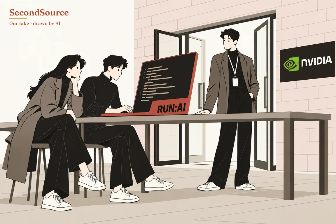 Concept illustration: on the left, two people in dark clothes and white sneakers sit on stools at a long table, one with long hair resting their chin on a hand while the other types on a large red-framed laptop whose dark screen shows rows of light lines and whose red base is lettered "RUN:AI". On the right, a person in a long coat with a lanyard badge stands before open glass double doors with one hand on the table, beside a brick wall bearing a dark sign lettered "NVIDIA" next to a green emblem.