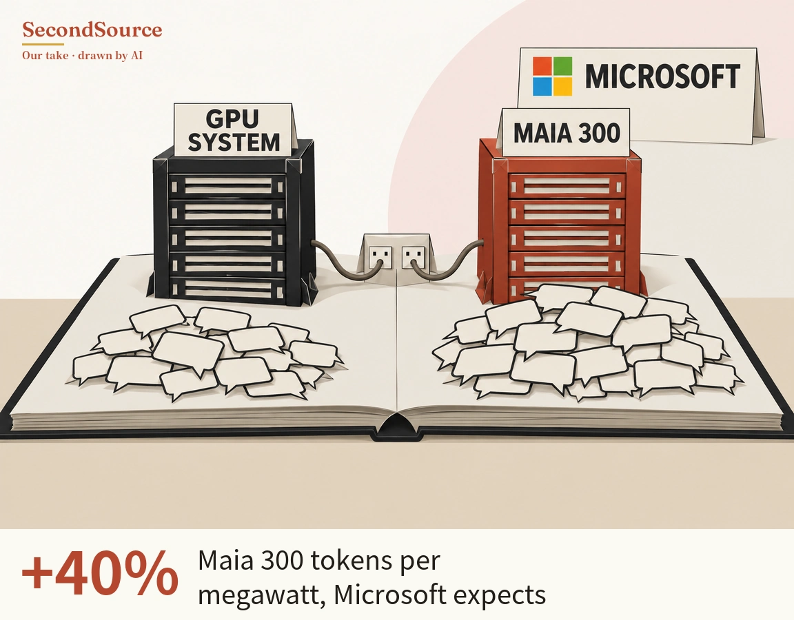 Concept illustration: an open book lies on a beige tabletop; on its left page stands a black server rack with rows of horizontal slots topped by a tent card lettered GPU SYSTEM, and on its right page a red-orange rack topped by a tent card lettered MAIA 300, with a larger card behind it showing a symbol of four red, green, blue and yellow squares and the lettering MICROSOFT. A cable from each rack runs to a small two-socket outlet box between them, and a pile of blank speech bubbles lies in front of each rack, the right-hand pile larger, against a pale background with a pink curved shape at upper right.