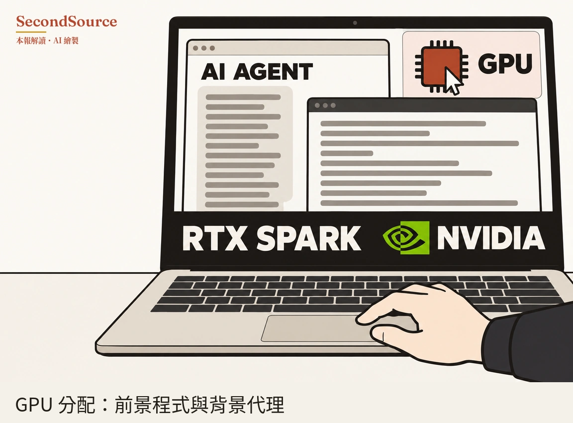 概念插圖:桌上一台打開的筆電,螢幕上一個標題寫著「AI AGENT」、內有灰色文字線條的視窗,被前方另一個同樣排滿灰色文字線條的視窗部分遮住;右上角的面板裡有一個紅色晶片圖示,上面停著滑鼠游標,旁邊寫著「GPU」。螢幕下方的黑色橫條上寫著「RTX SPARK」和「NVIDIA」,兩者之間有一個綠色圖形;一隻穿深色袖子的手從右側伸入,放在觸控板上。